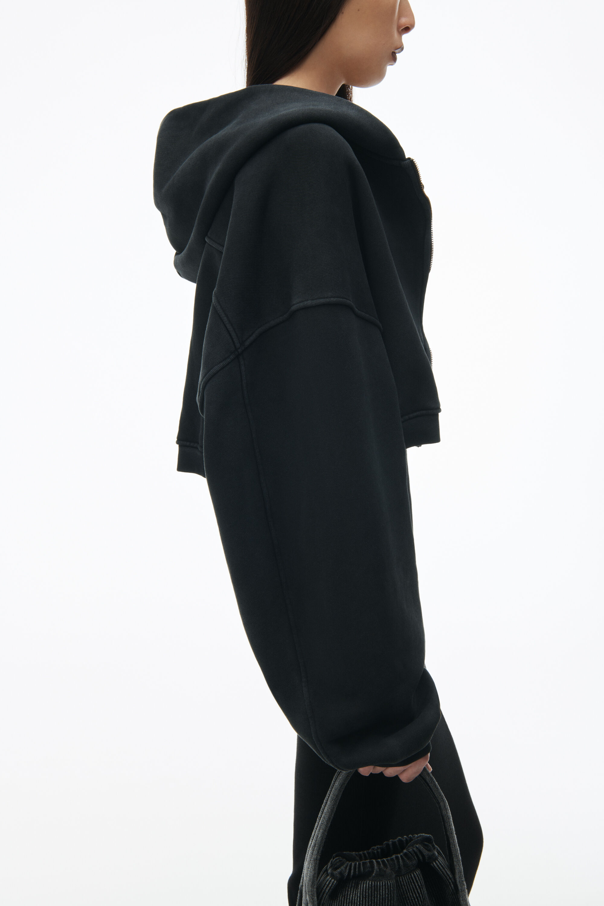 Cropped Zip Up Hoodie in Classic Terry in WASHED JET BLACK