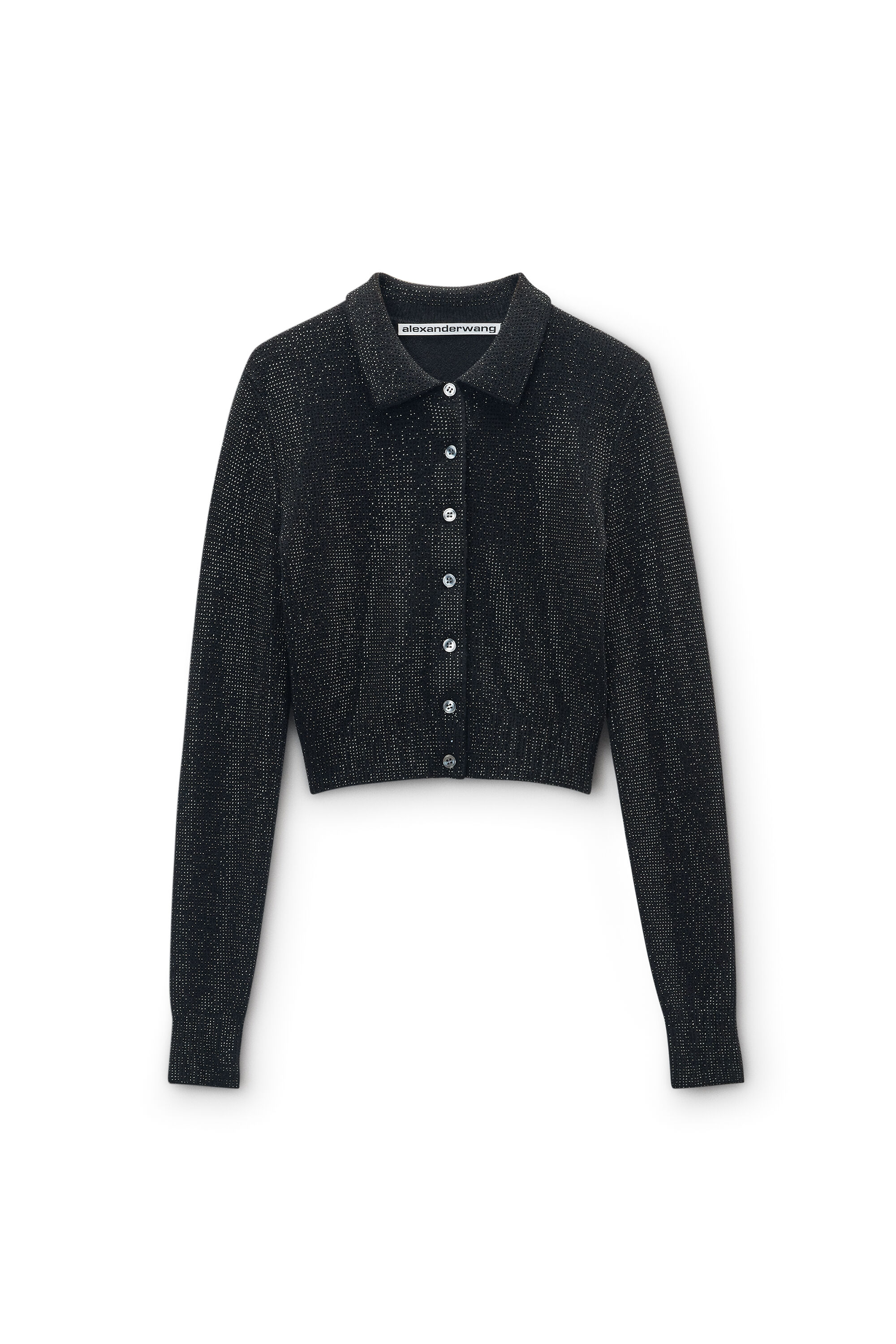 Black Wool-Blend Hotfix Polo Cardigan in BLACK | alexanderwang®