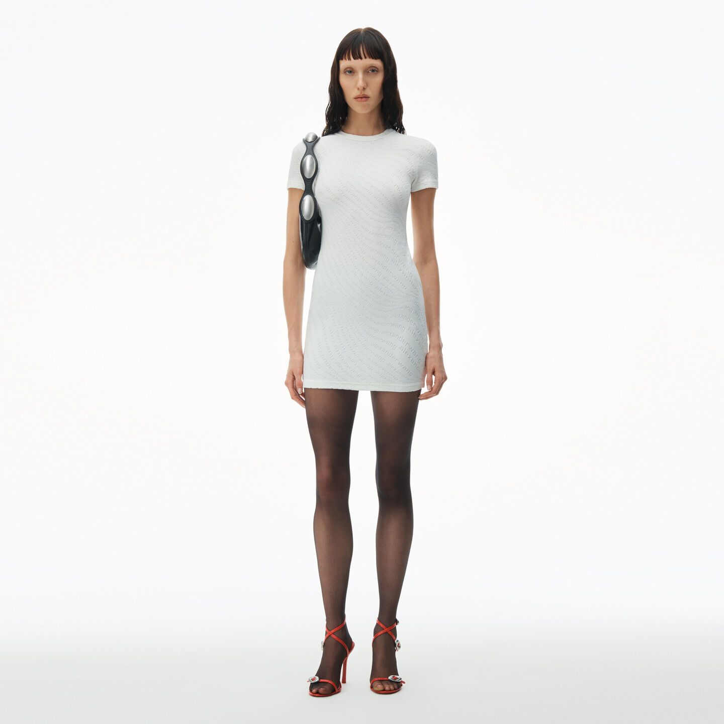 Alexander Wang Logo Jacquard Stretch Short Sleeve Mini Dress In White