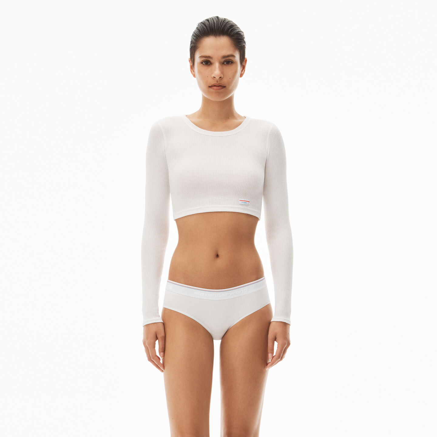 Alexander Wang Cropped Long Sleeve Tee In Ribbed Jersey In White