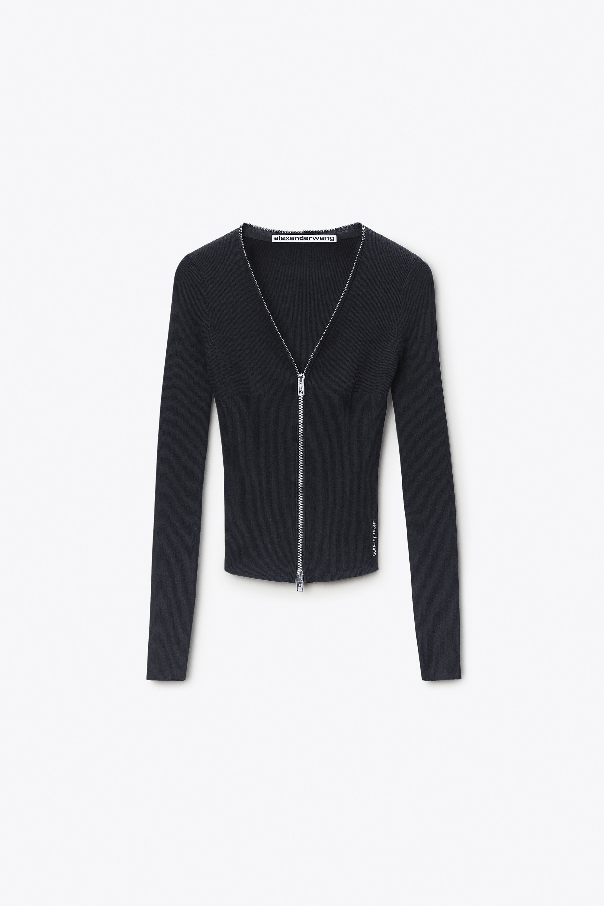 V-NECK LONG SLEEVE POINTELLE ZIP CARDIGAN in BLACK | alexanderwang®