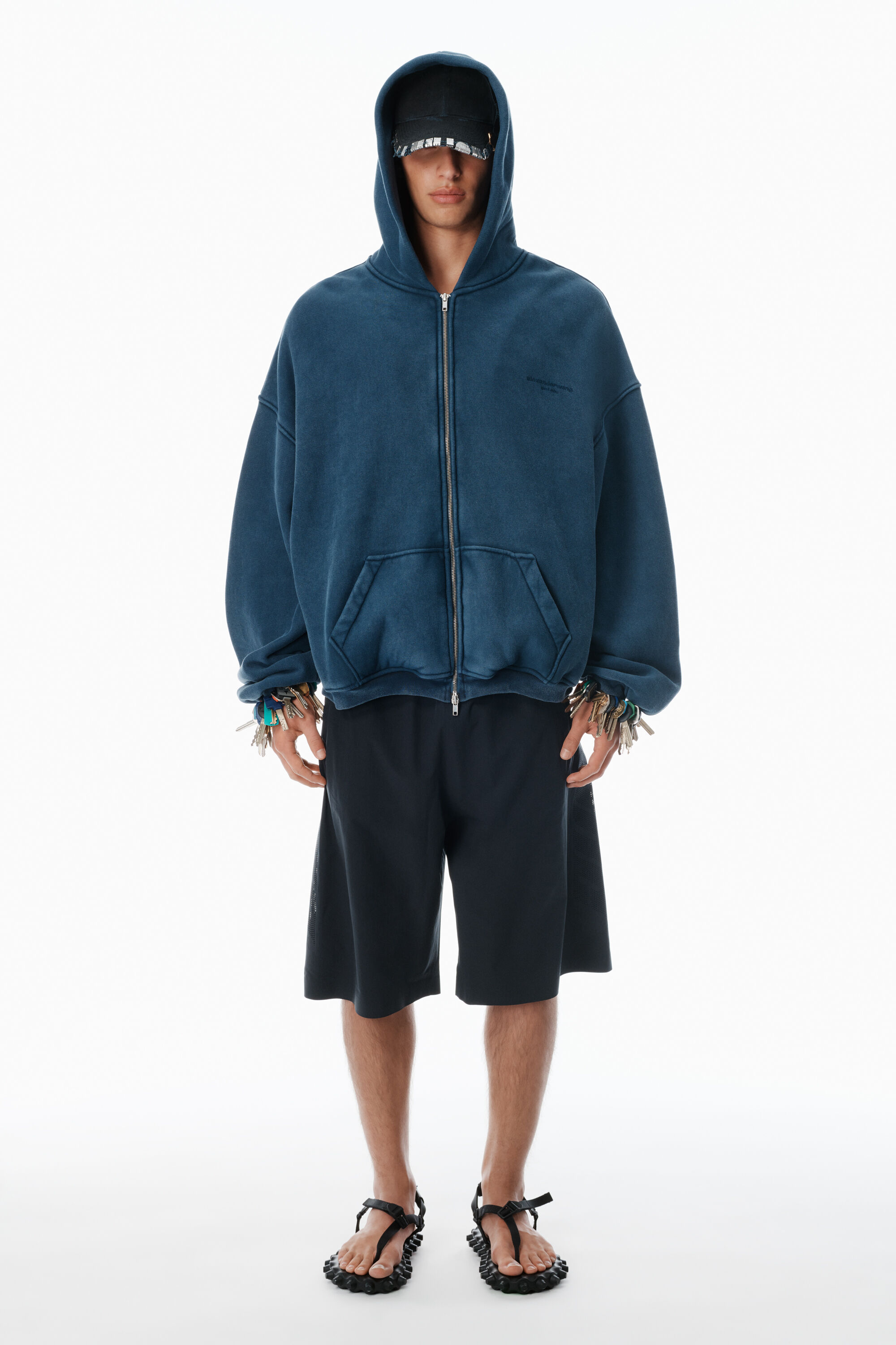 Navy Cotton Logo Zip-Up Hoodie in WASHED NAVY | alexanderwang®