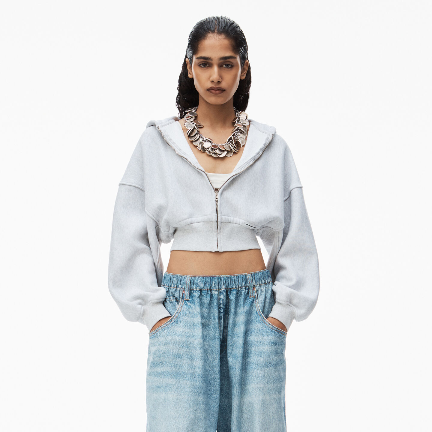 Alexander Wang Cropped Zip Up Hoodie In Classic Terry In Light Heather Grey