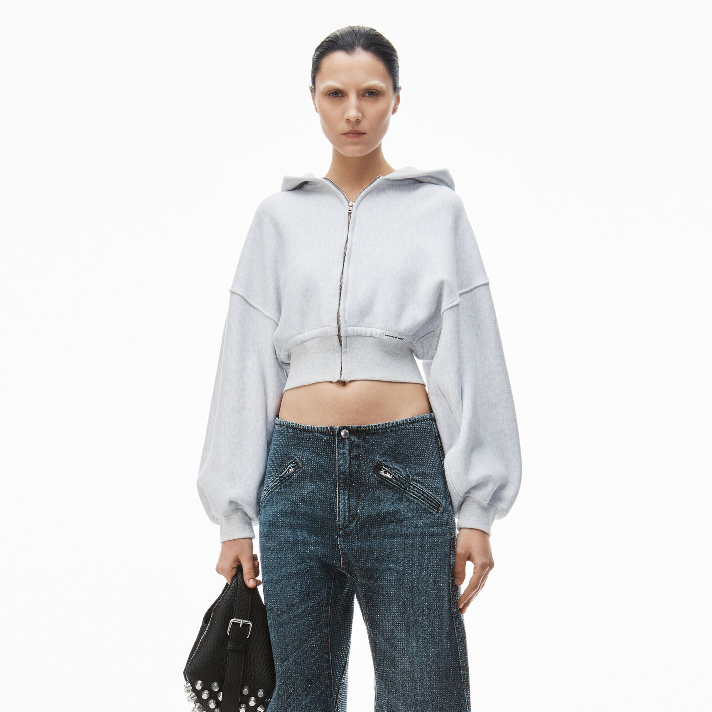 Alexander Wang Cropped Zip Up Hoodie In Classic Terry In Light Heather Grey