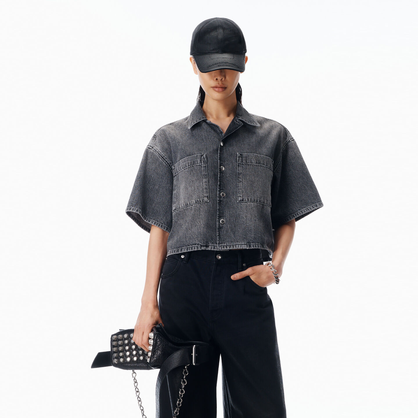 Alexander Wang Cropped Short Sleeve Shirt In Gray
