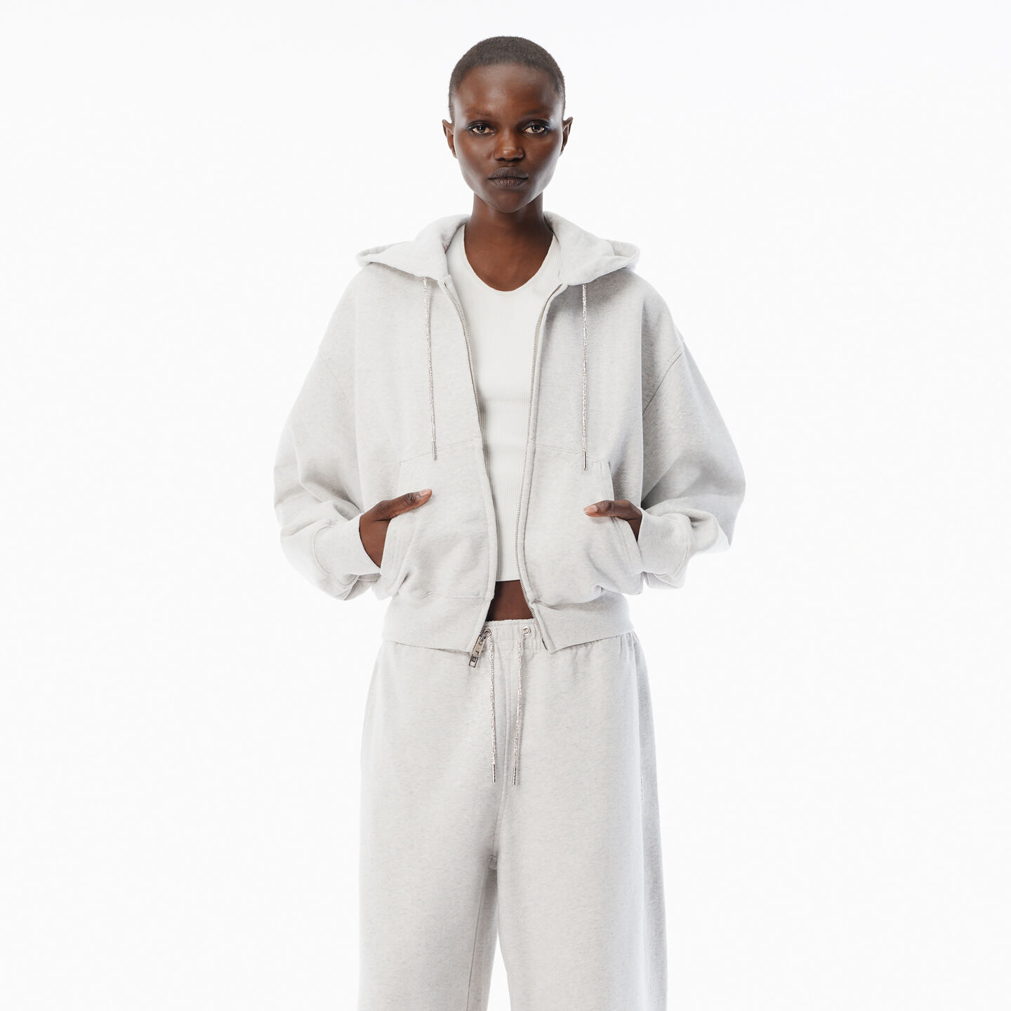 Alexander Wang Grey Cotton Terry Hoodie With Crystal Hotfix Drawcord In Gray
