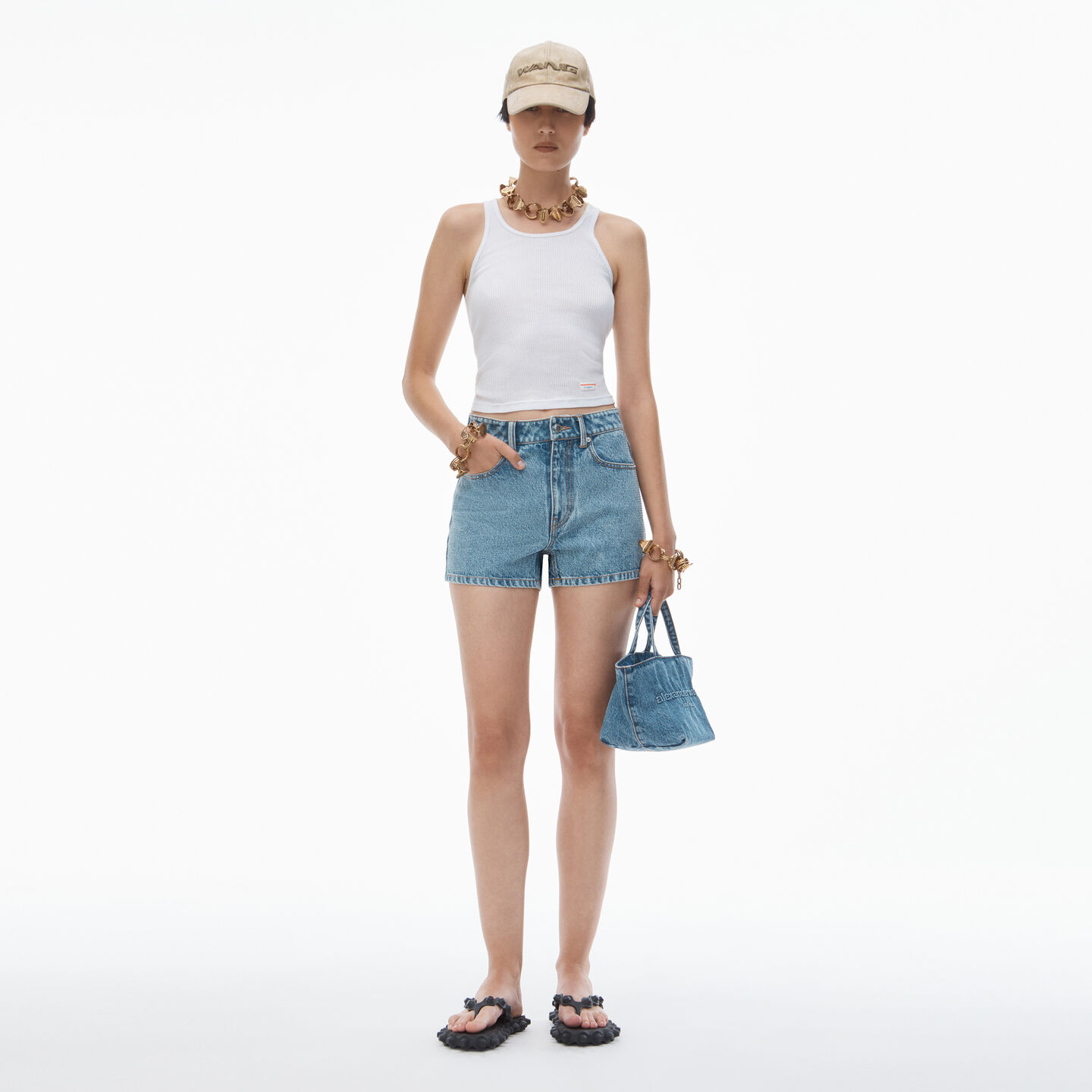 Shop Alexander Wang Denim High Rise Shorty In Clear Hotfix In Vintage Light Indigo