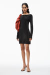 Alexander Wang black clear bead hotfix boatneck minidress in long sleeve