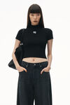 alexander wang logo patch mock neck top in bodycon knit   black