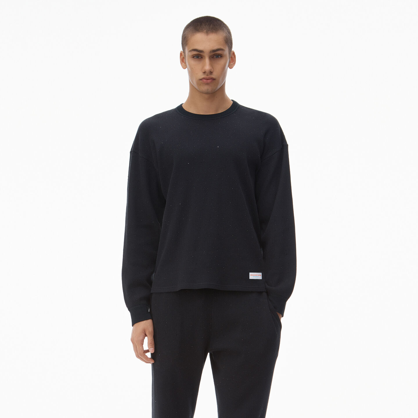 ALEXANDER WANG CRYSTAL HOTFIX CREWNECK LONG-SLEEVE TEE IN WAFFLE KNIT 