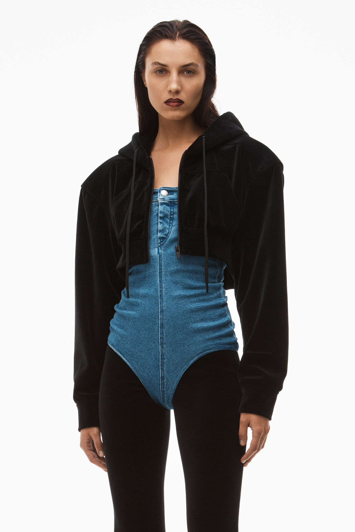 alexanderwang CROPPED ZIP UP HOODIE IN VELOUR BLACK - alexanderwang® JP