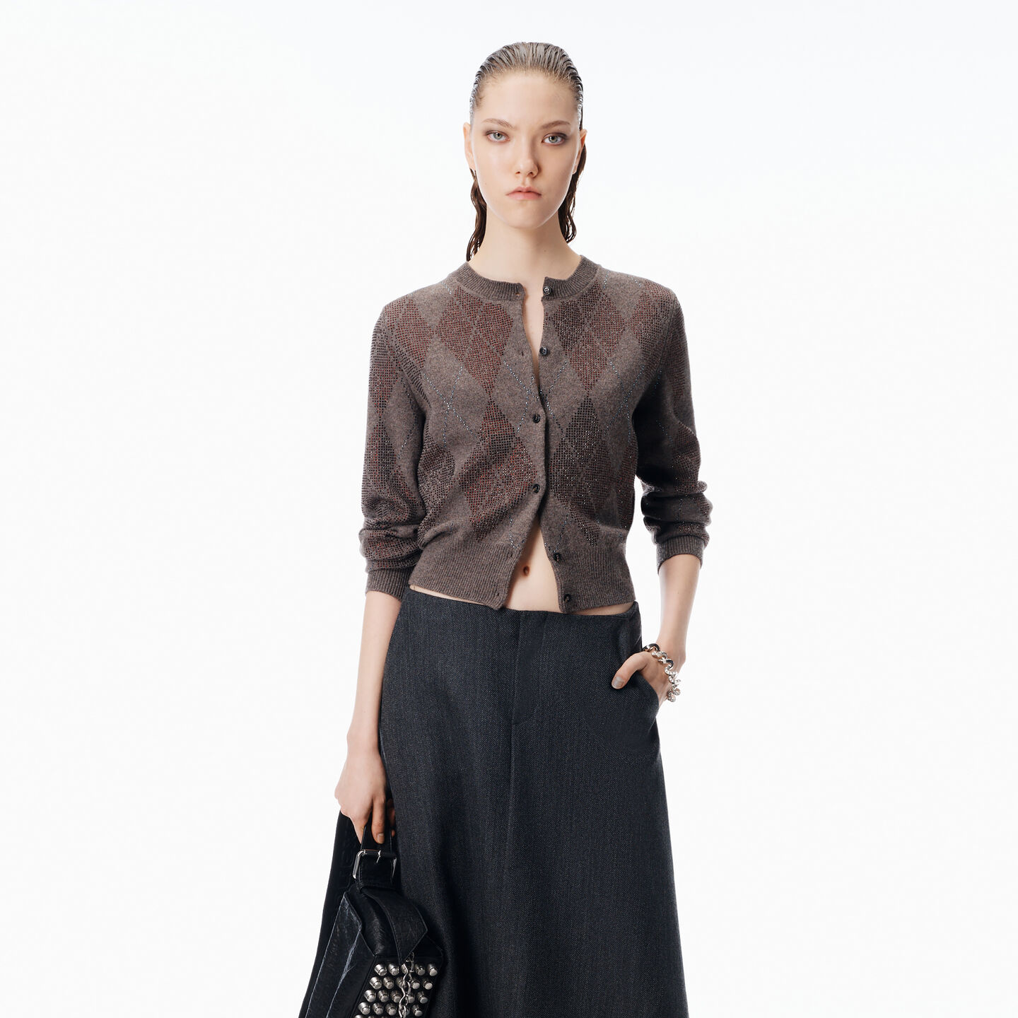 Alexander Wang Crystal Hotfix Wool-blend Argyle Cardigan In Brown