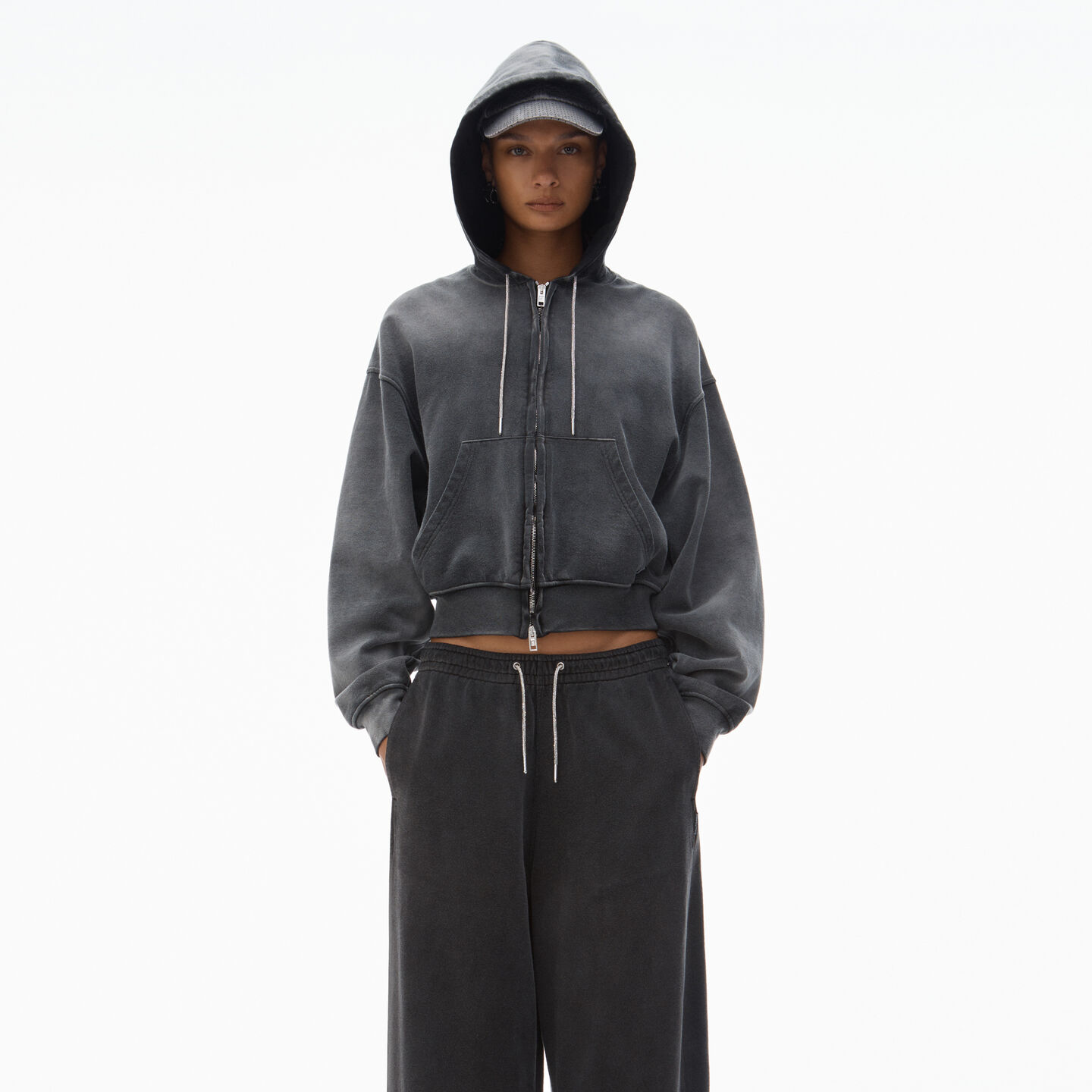 Alexander Wang Cropped Zip-up Hoodie With Crystal Hotfix Drawcord In Washed Caviar
