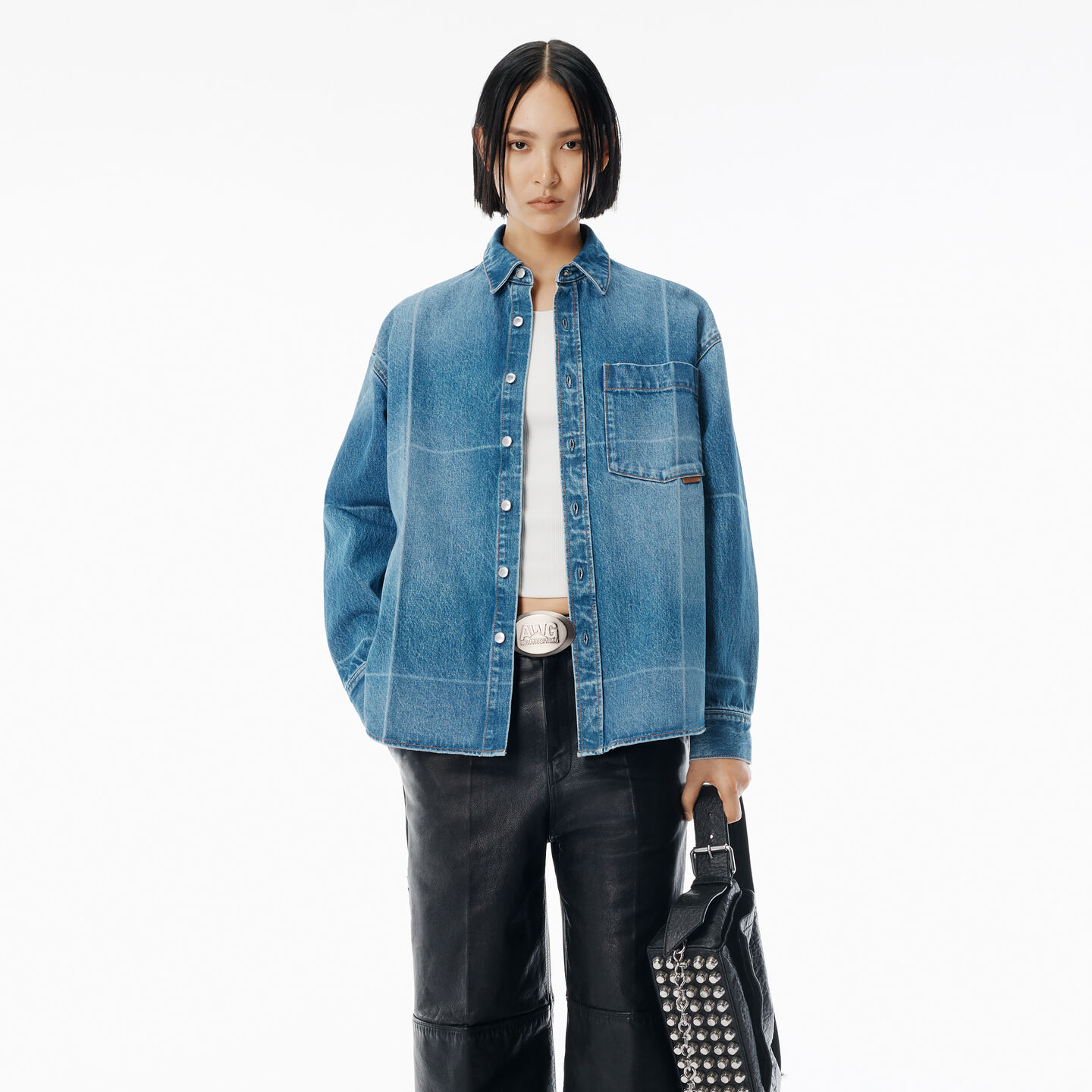Alexander Wang Vintage-effect Marbled Blue Denim Foldline Shirt In Blue