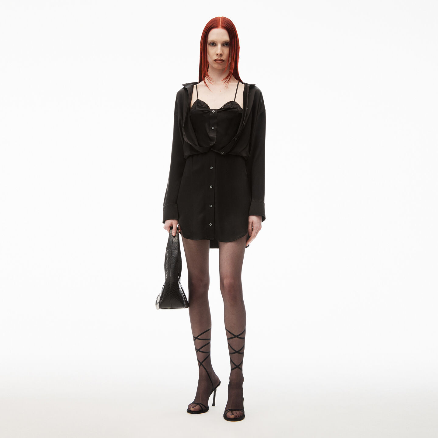 Alexander Wang Layered Shirt Dress In Silk Charmeuse In Black