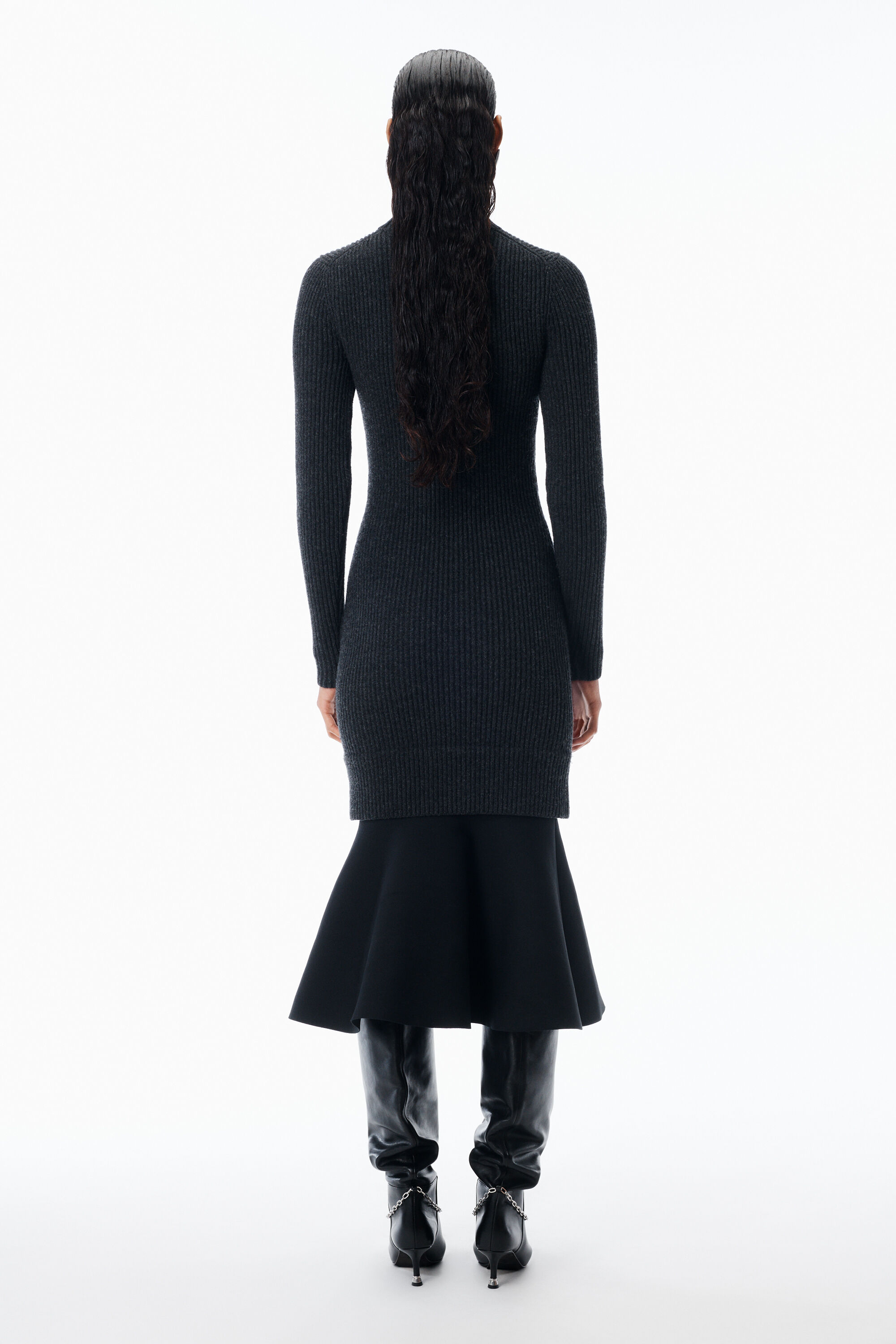 Ribbed Long-Sleeve Dress in Wool in CHARCOAL | alexanderwang®