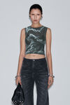 Alexander Wang black/clear crystal hotfix cloud-print tank in organza jersey