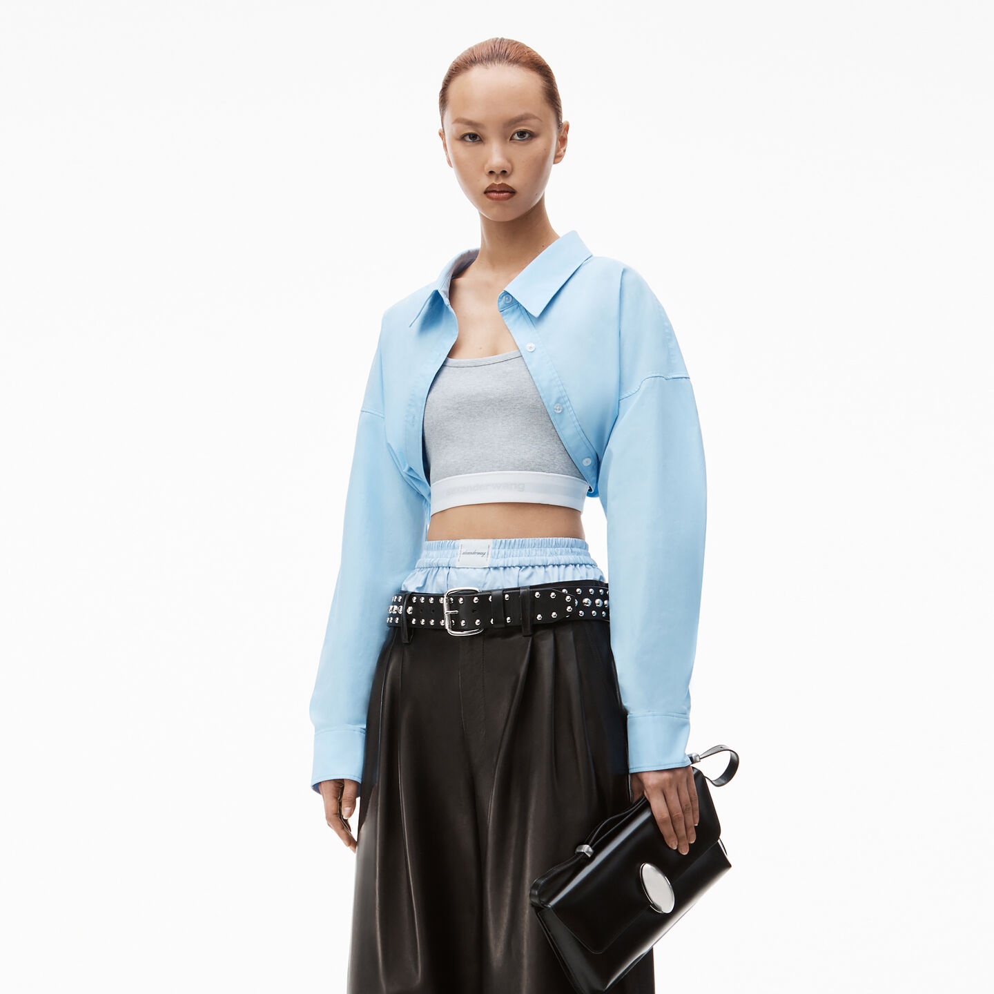 Alexander Wang Layered Crop Bolero In Compact Cotton In Chambray Blue