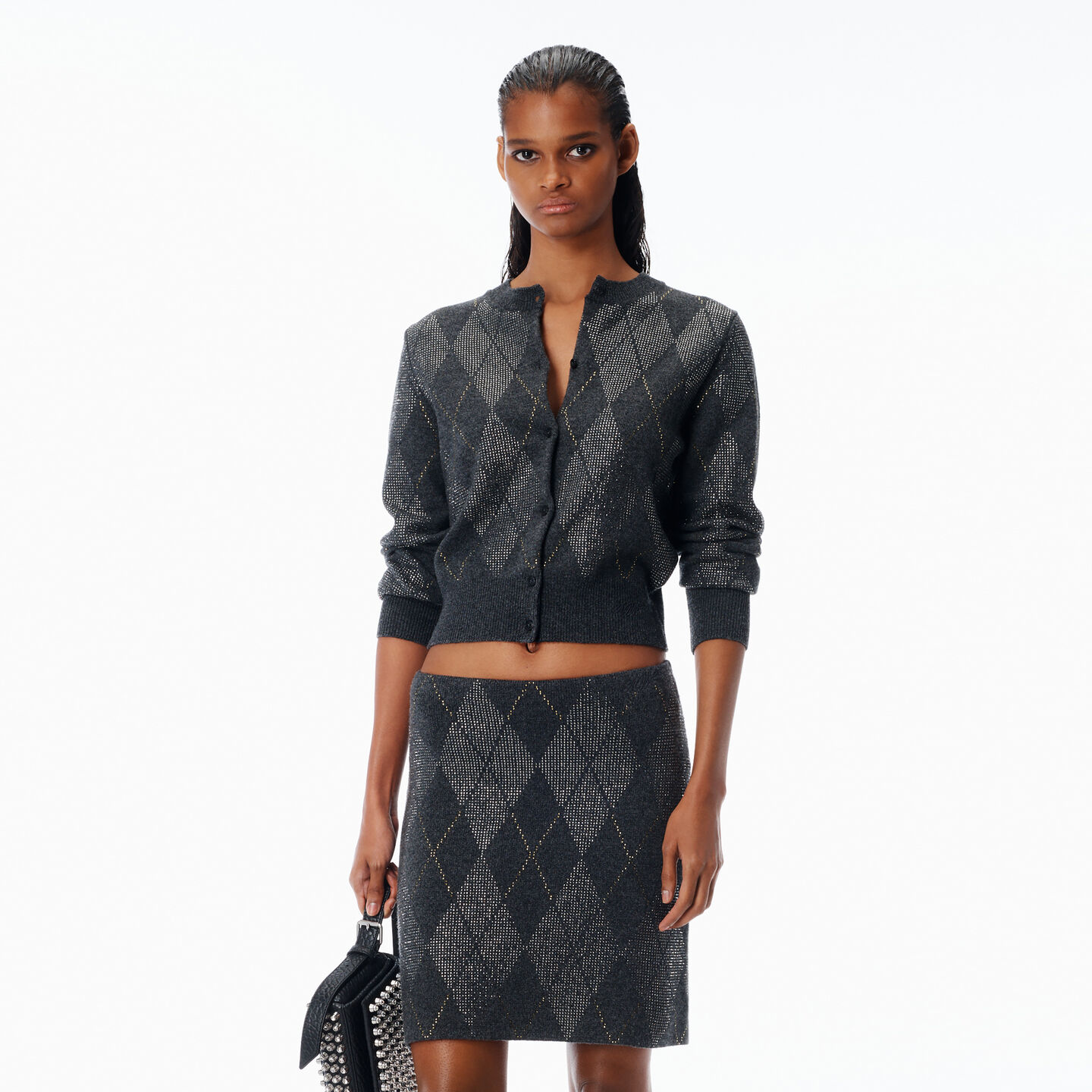 Alexander Wang Crystal Hotfix Wool-blend Argyle Cardigan In Gray
