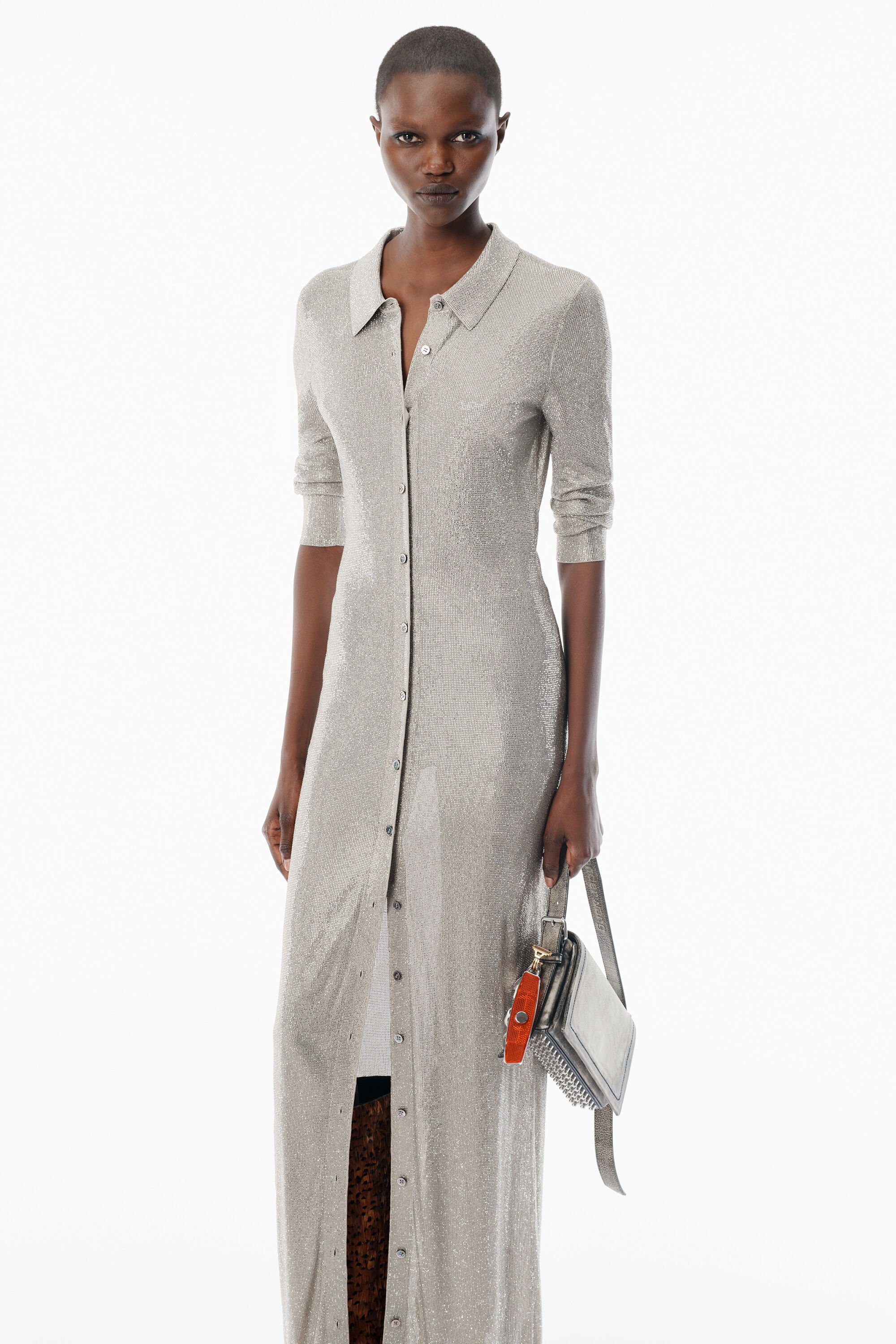 Champagne Crystal Hotfix Long-Sleeve Polo Dress in CHAMPAGNE