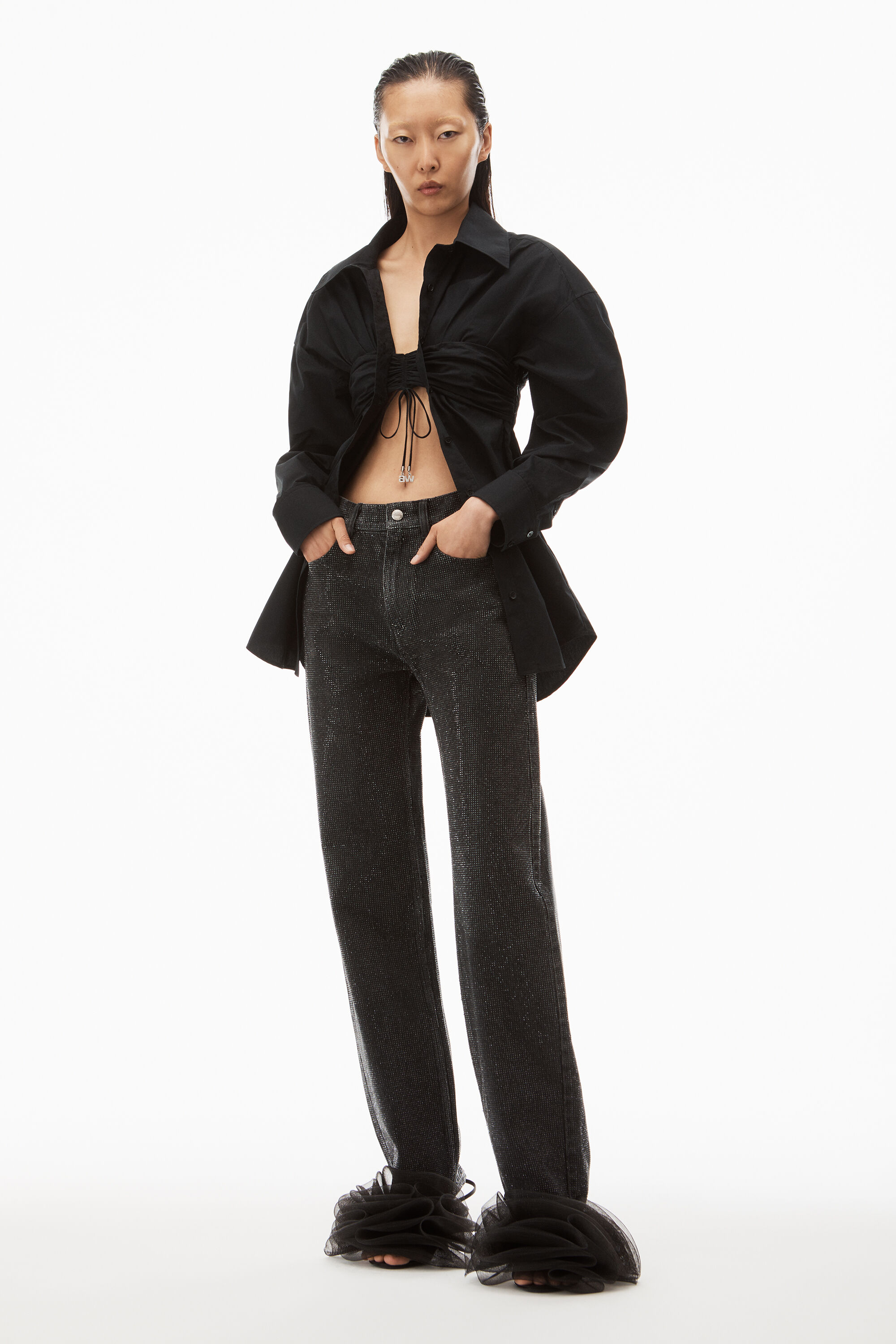 alexanderwang RUCHED BANDEAU SHIRT IN COMPACT COTTON BLACK 