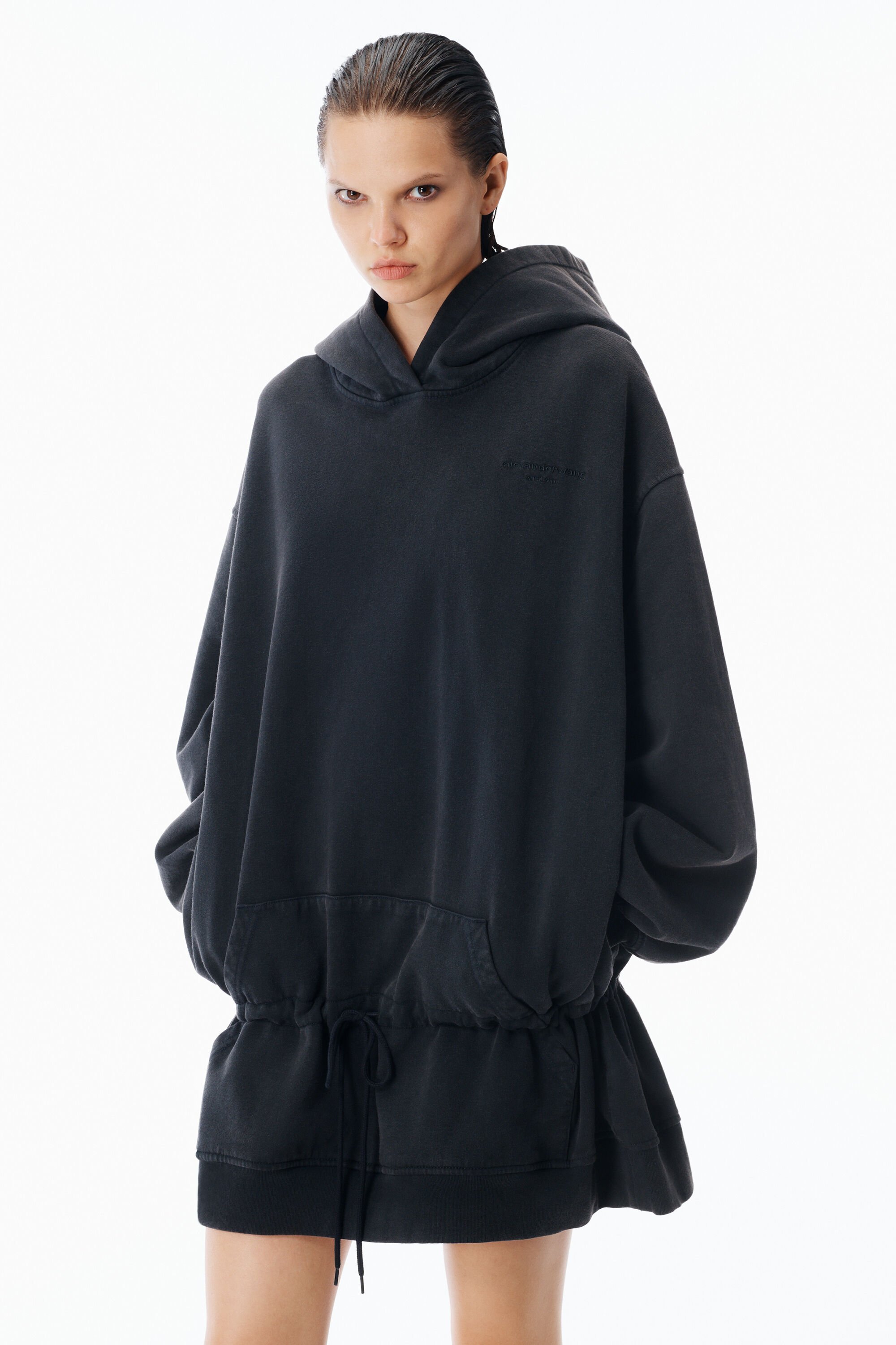 Dropped Waist Hoodie Dress in WASHED BLACK | alexanderwang®