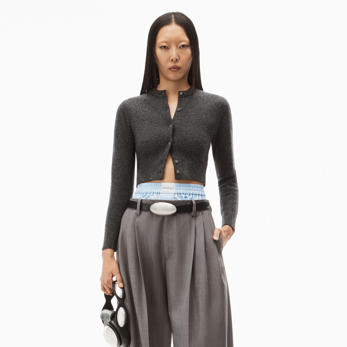 Alexander Wang Shrunken Cardigan In Wool In Charcoal Melange