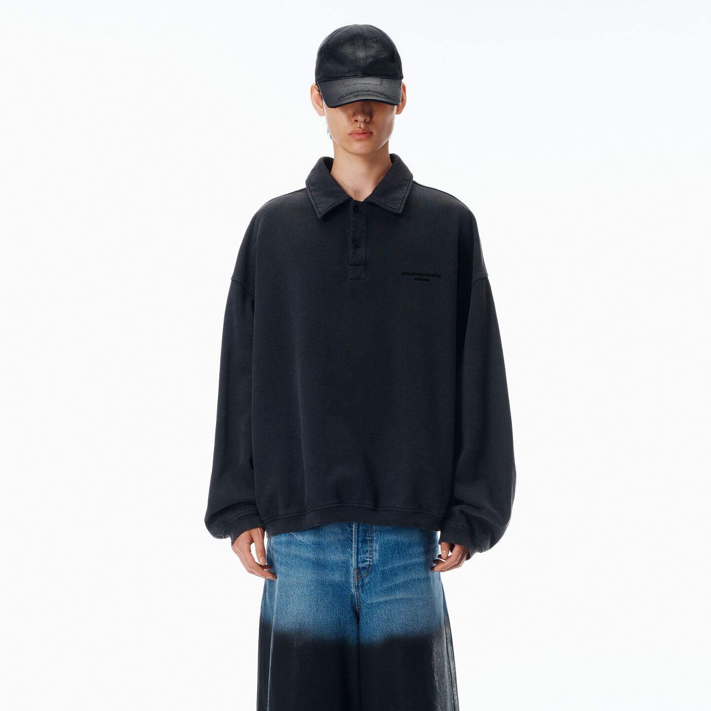 Alexander Wang Long Sleeve Polo In Cotton Oversized In Black