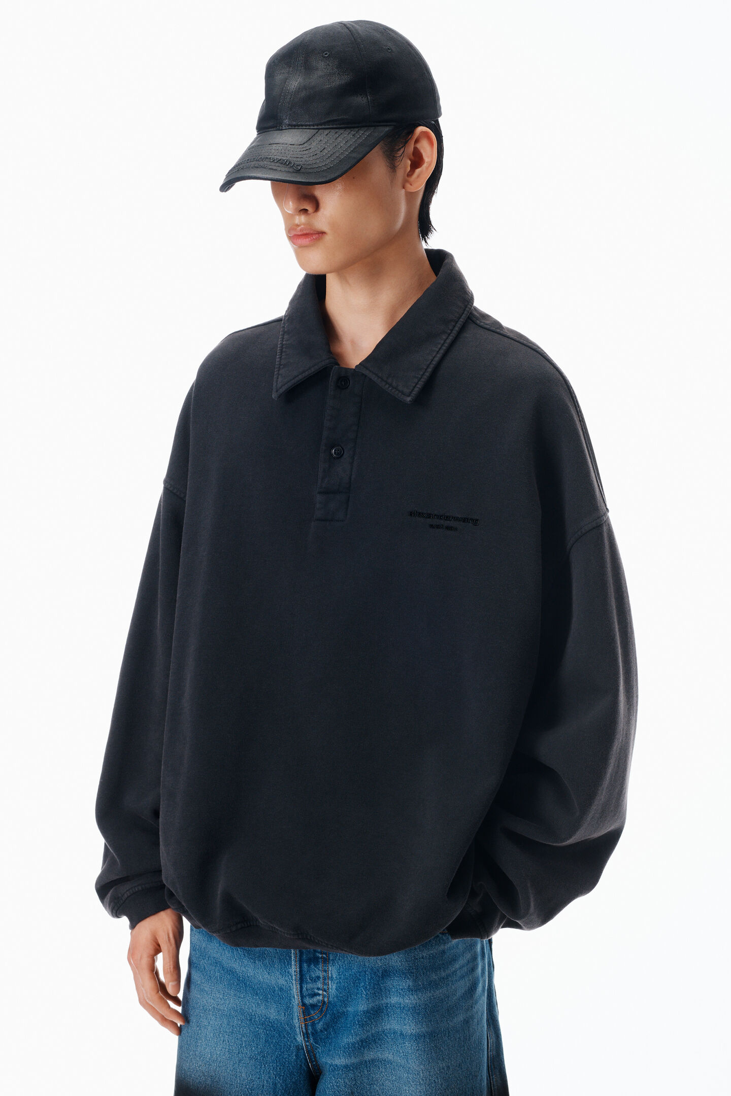 Alexander Wang Long Sleeve Polo In Cotton Oversized In Black