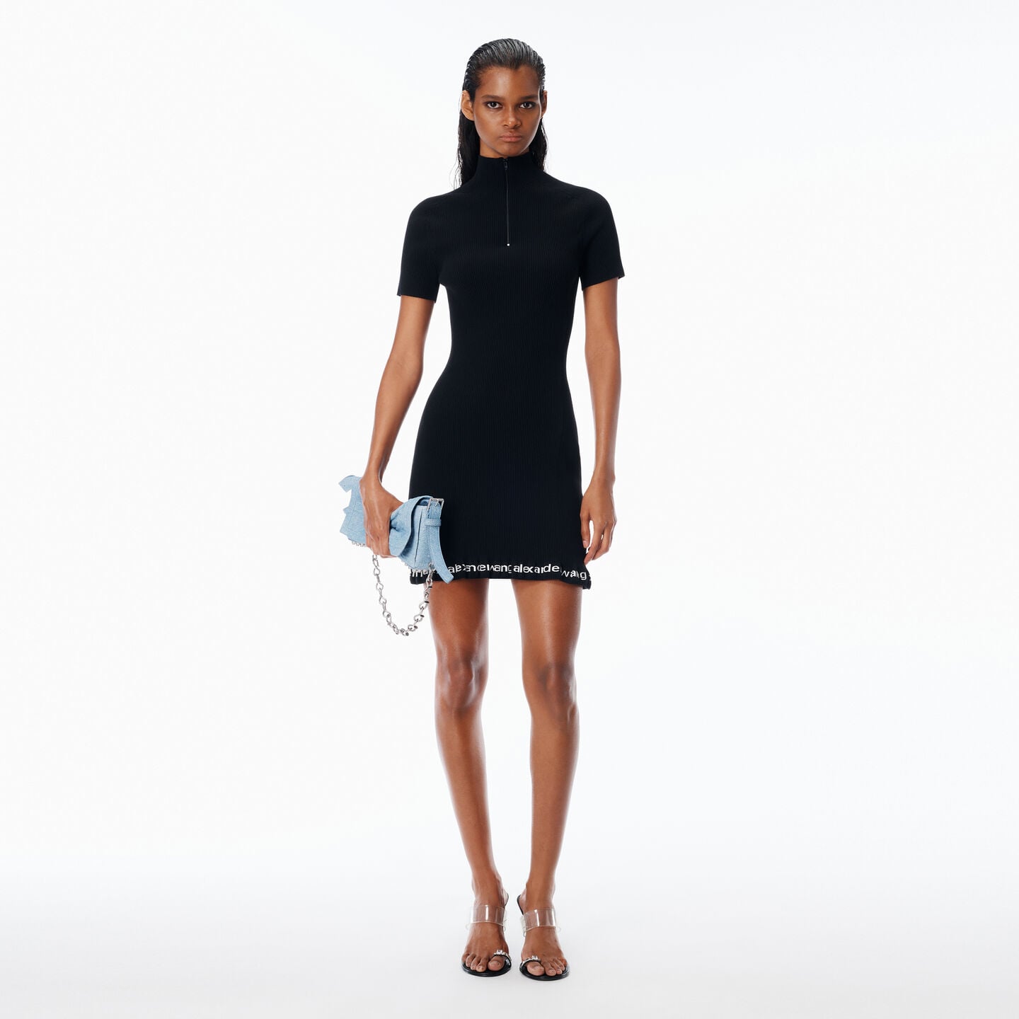 Alexander Wang Omens Black Ribbed Short-sleeves Stretch-woven Mini Dress Xs