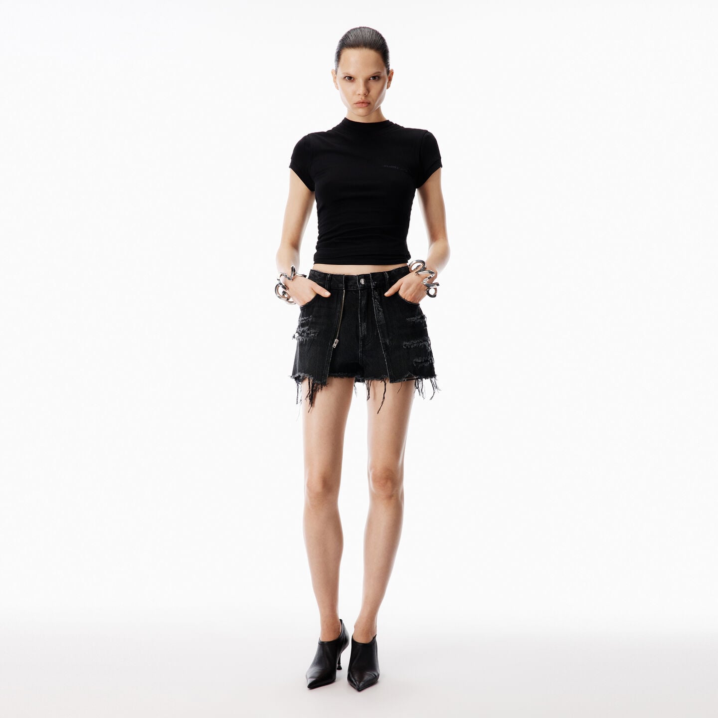 Alexander Wang Denim X Distressed Double Layer Denim Skort In Black