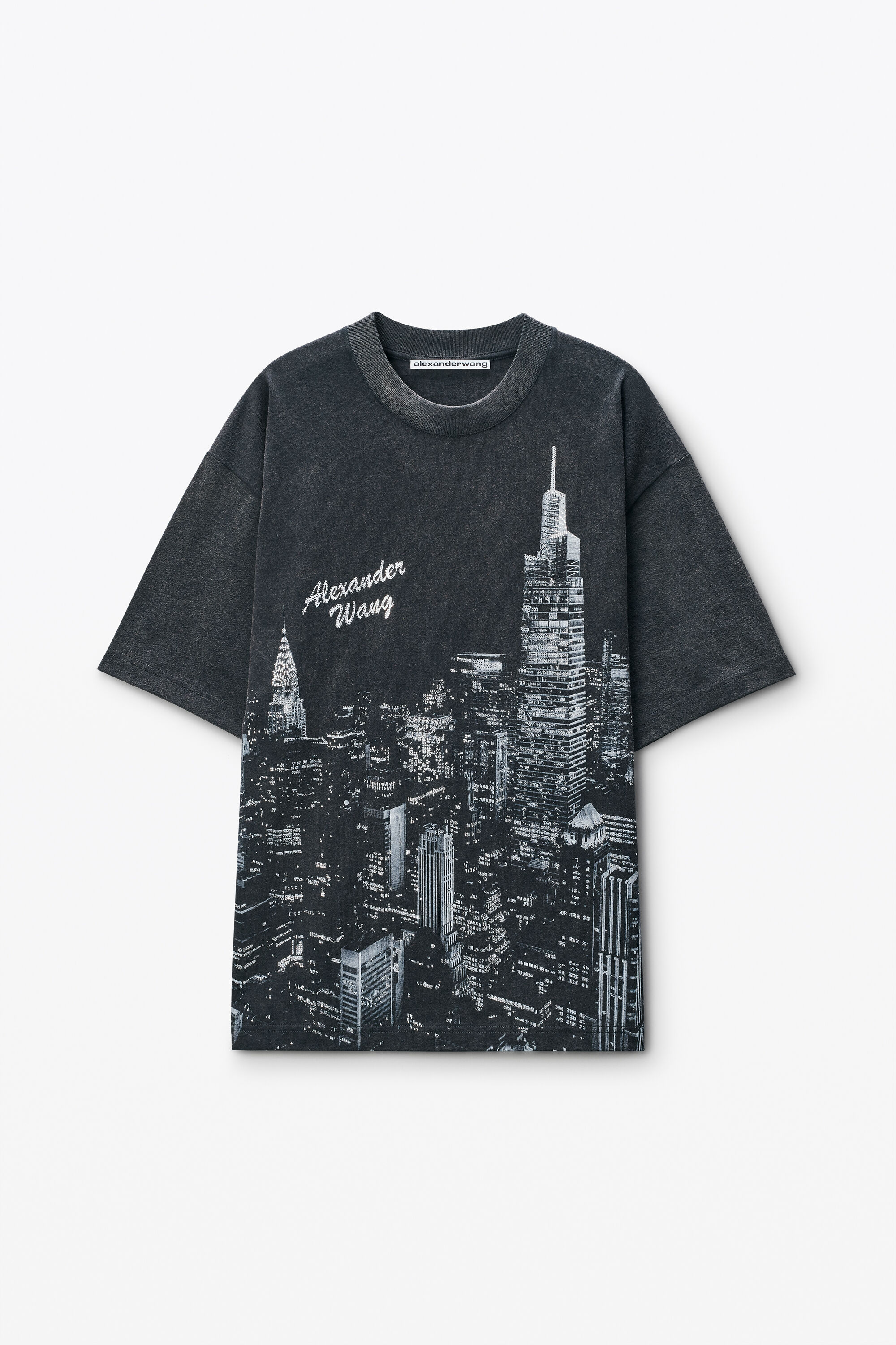 Black NY Skyline Crystal Hotfix T-Shirt in WASHED BLACK