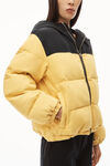 alexander wang colorblock puffer coat in denim yellow