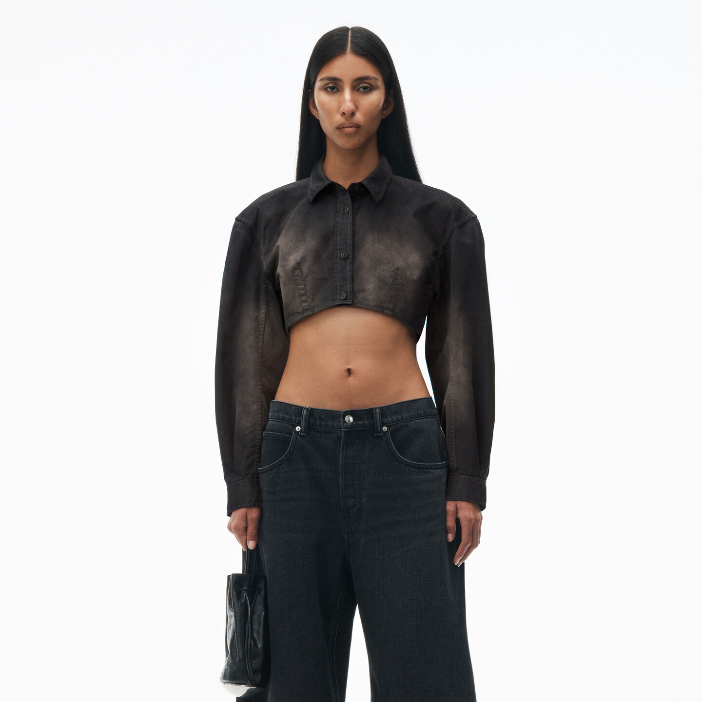 Shop Alexander Wang Curved Cropped Shirt In Cotton Twill In Washed Black Pearl