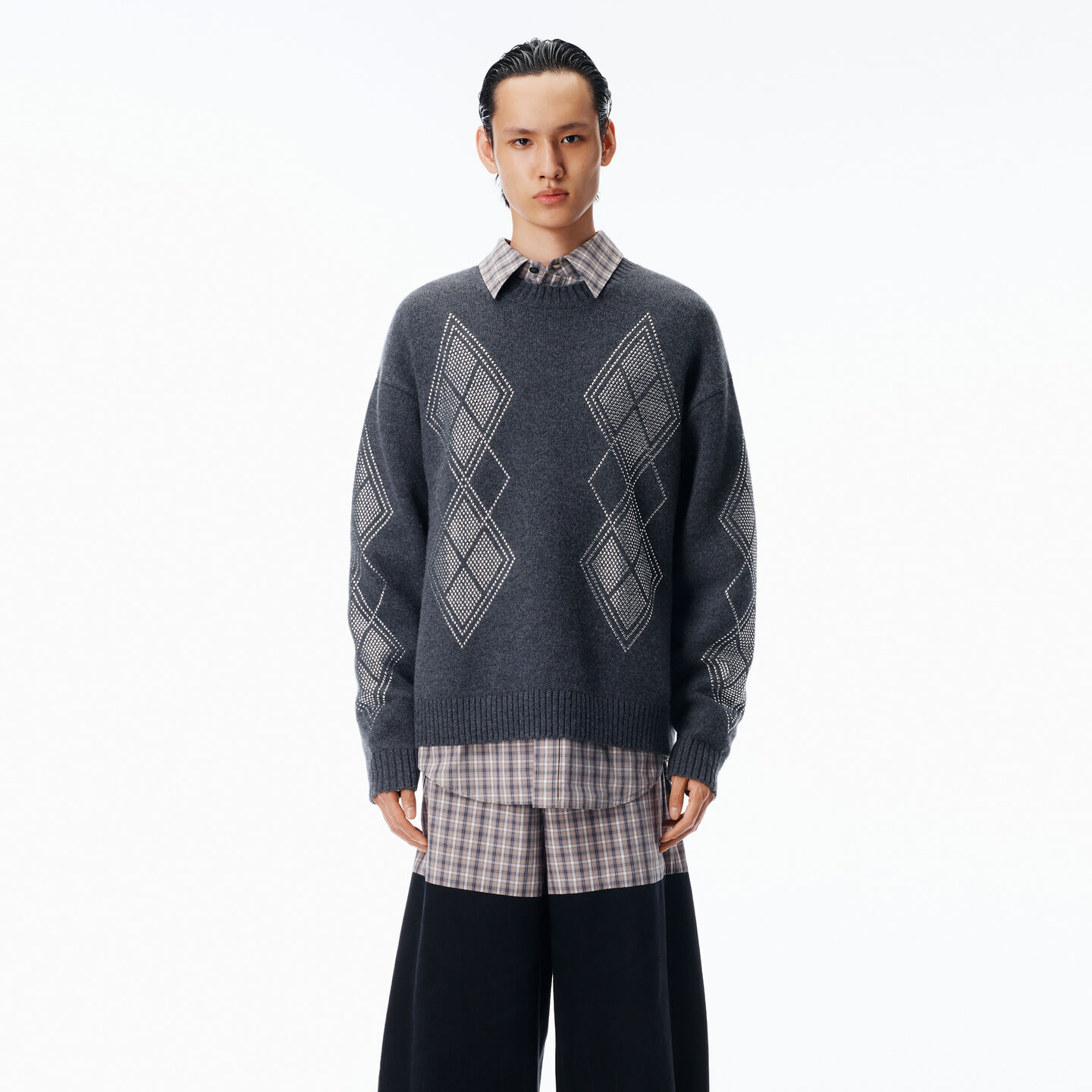 Alexander Wang Studded Argyle Crewneck Pullover In Gray