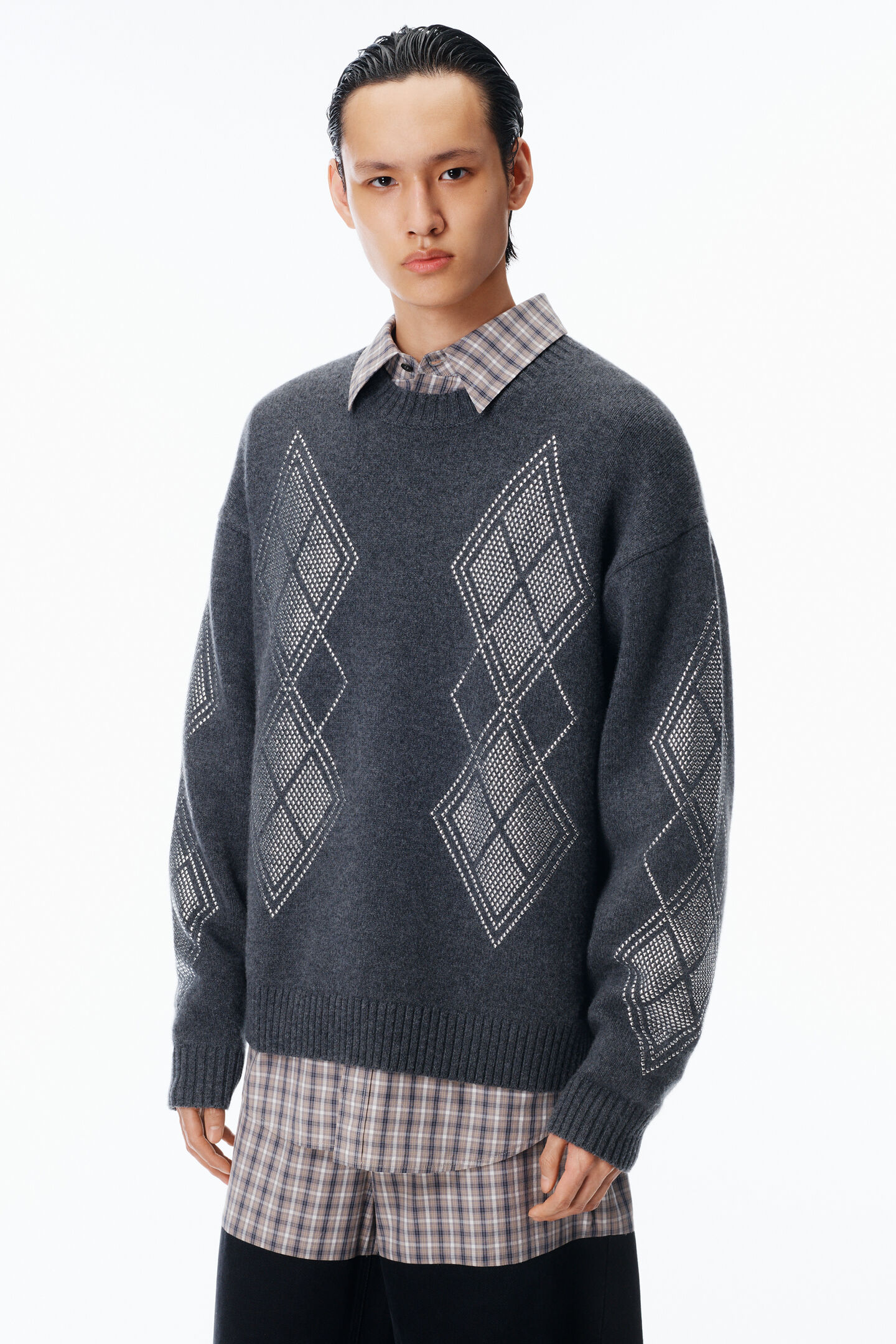 Alexander Wang Studded Argyle Crewneck Pullover In Gray