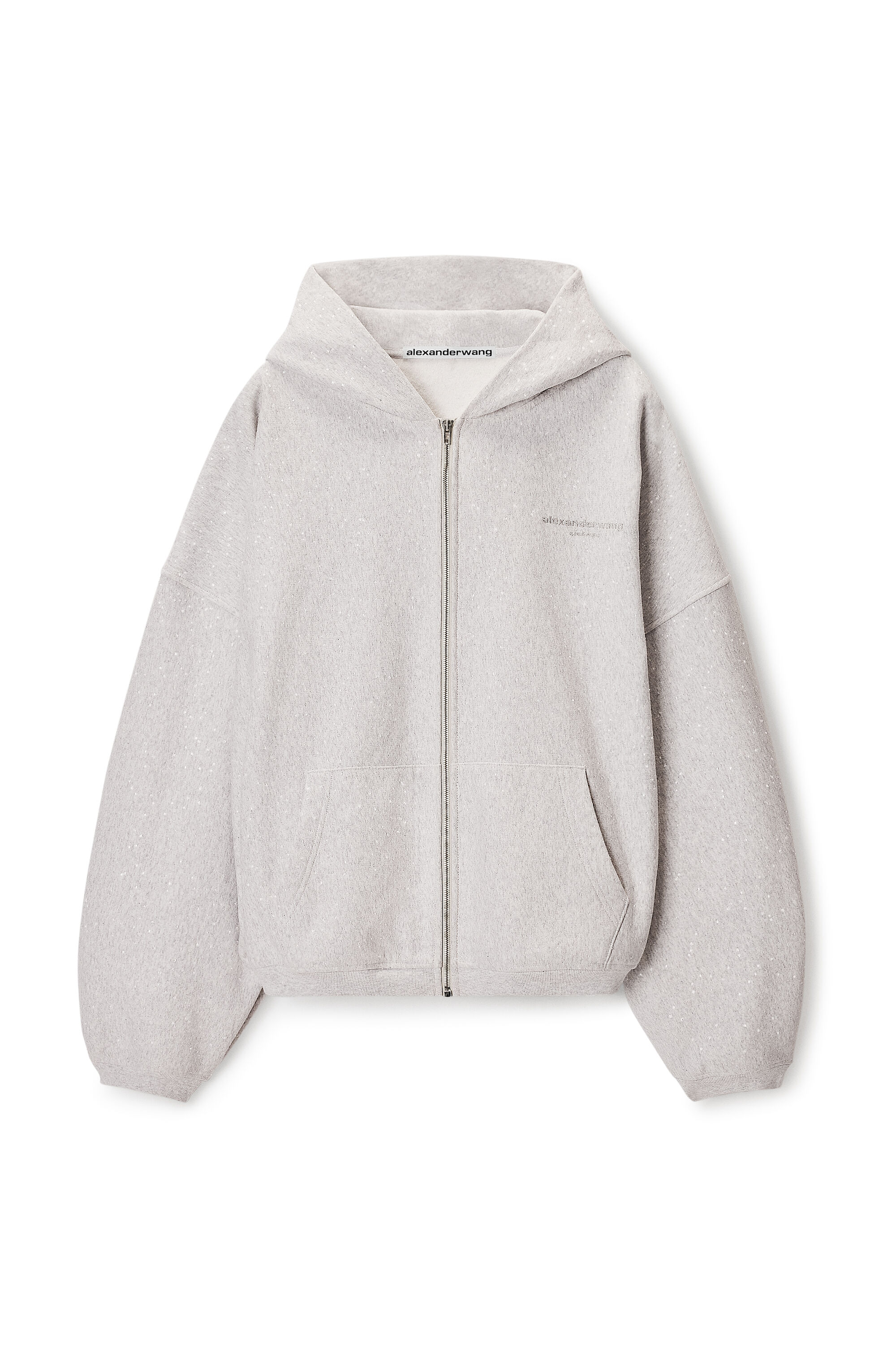 Crystal embellished oversized zip-up hoodie in LIGHT HEATHER GREY