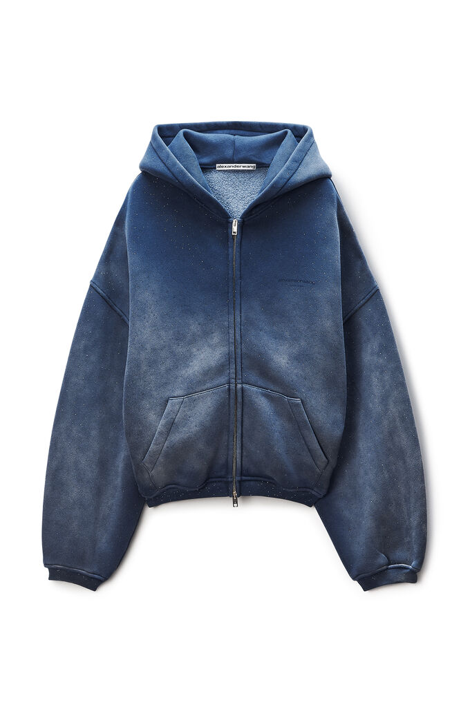 Alexander Wang Crystal Hotifx Zip-up Hoodie In Cotton Blend In Blue