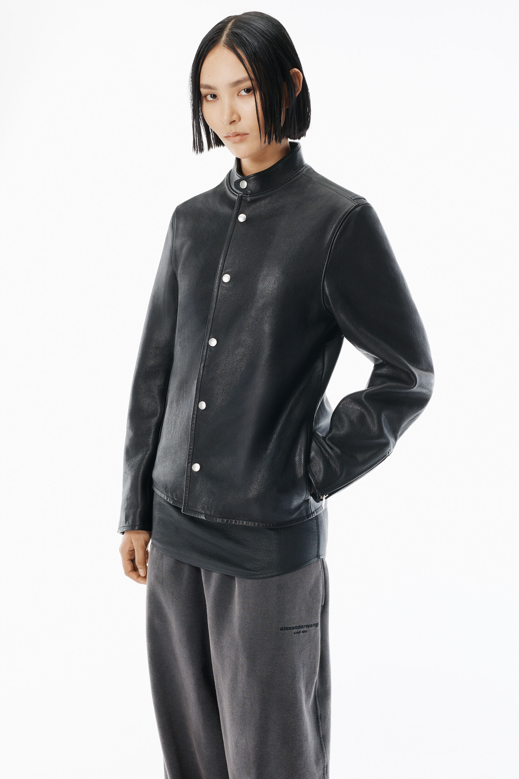 Black Glossy Leather Moto Jacket in BLACK | alexanderwang®