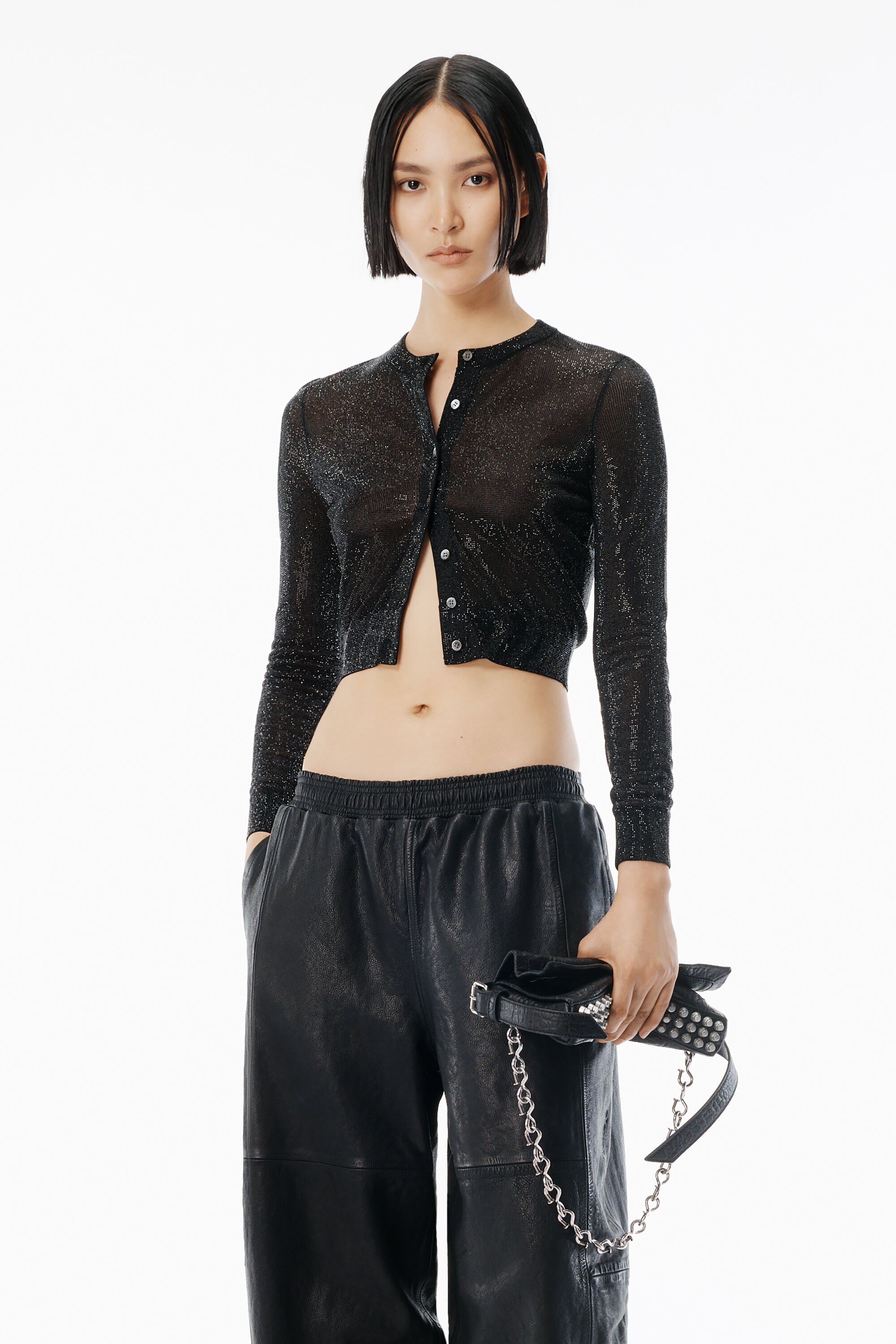 Cropped Cardigan in Clear Bead Hotfix in BLACK | alexanderwang®