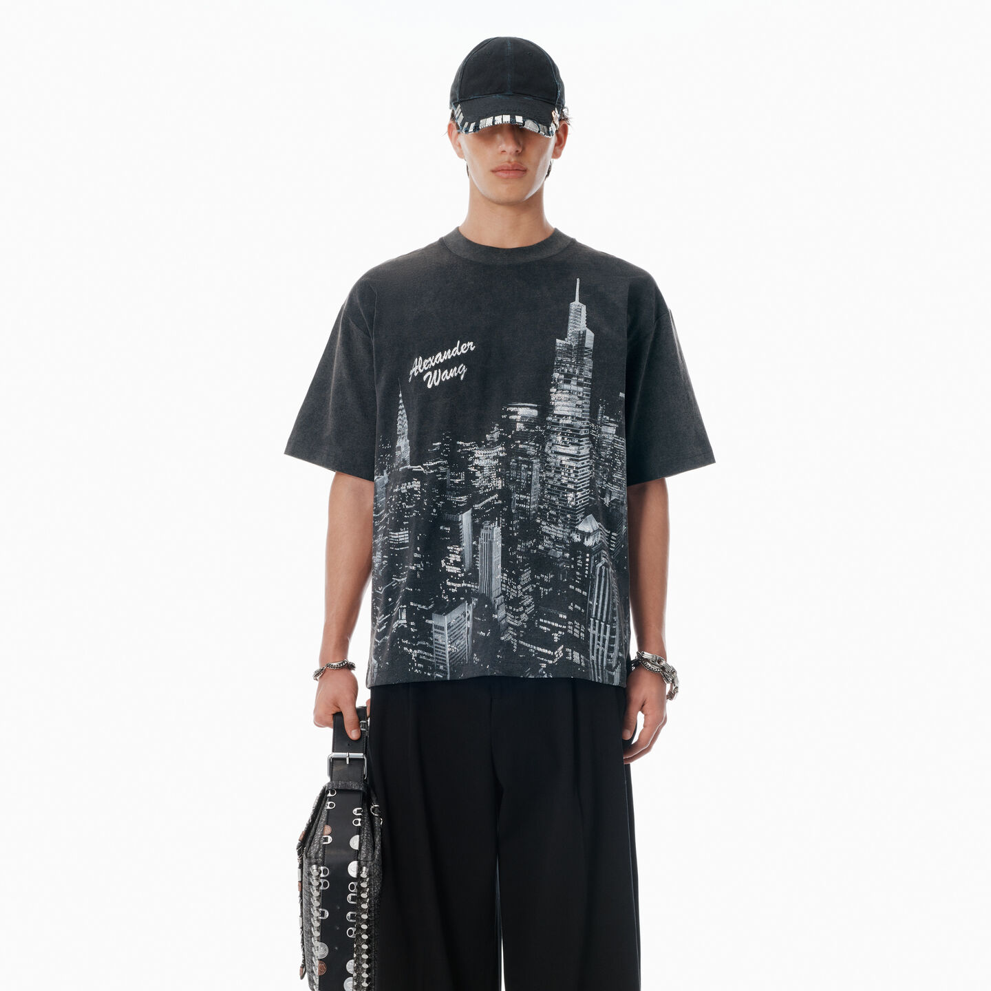 Alexander Wang Black Ny Skyline Crystal Hotfix T-shirt In Gray
