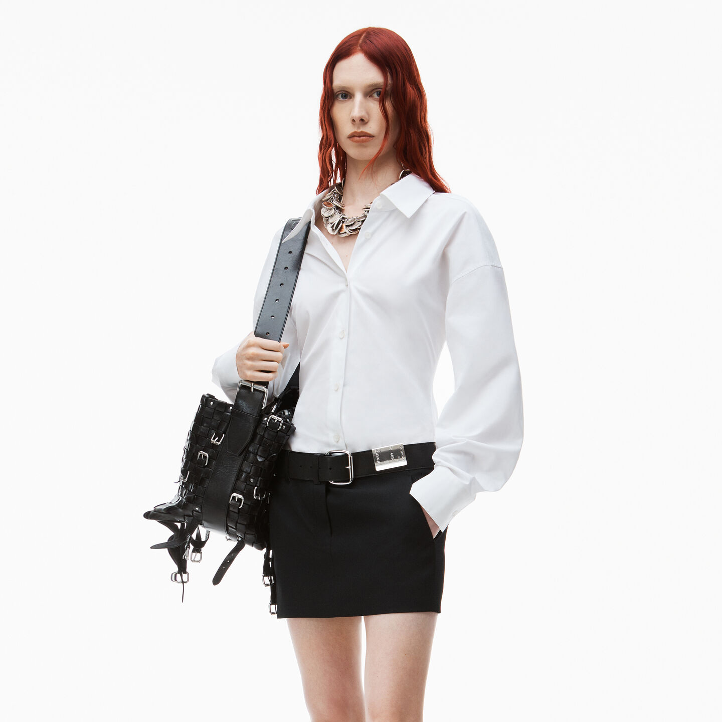 Alexander Wang Cotton Cinched Button Up With Ribbed Trim In White