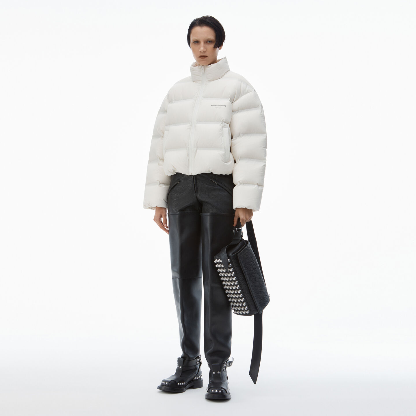 Alexander Wang Cropped Puffer Coat With Reflective Logo In Paper White