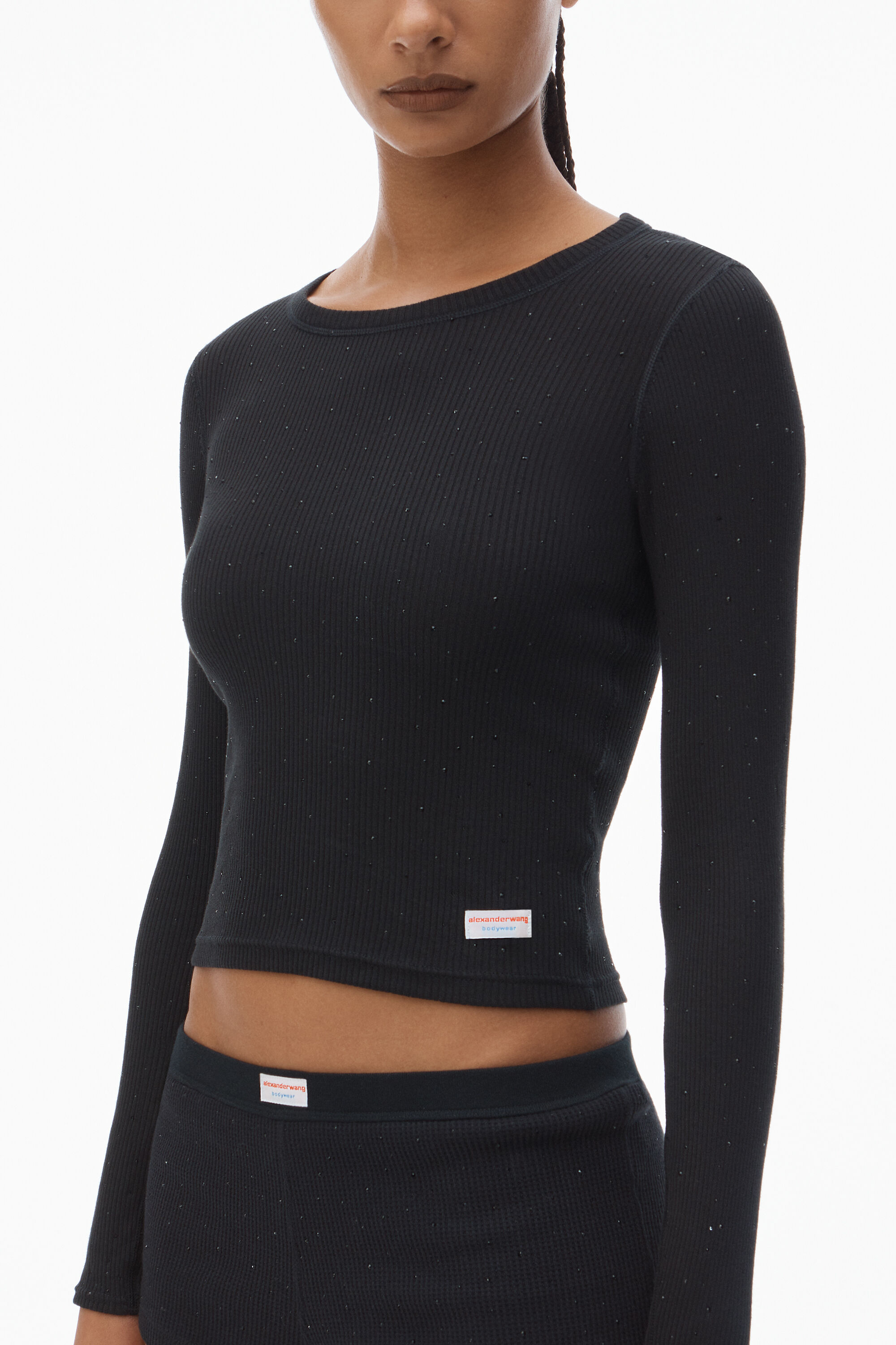 Crystal Hotfix Long Sleeve Crewneck Tee in BLACK