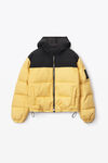 alexander wang colorblock puffer coat in denim yellow