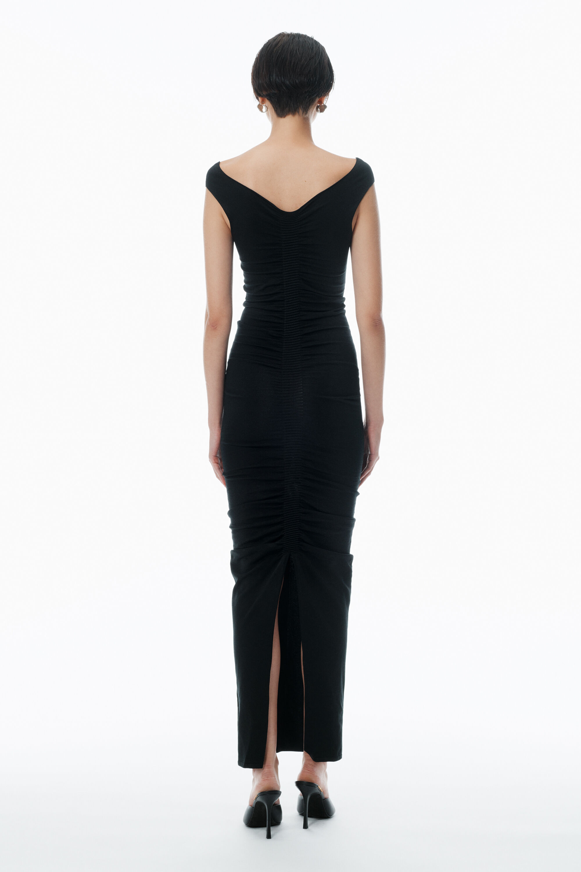 Ruched Wide V-Neck Maxi Dress in BLACK | alexanderwang®