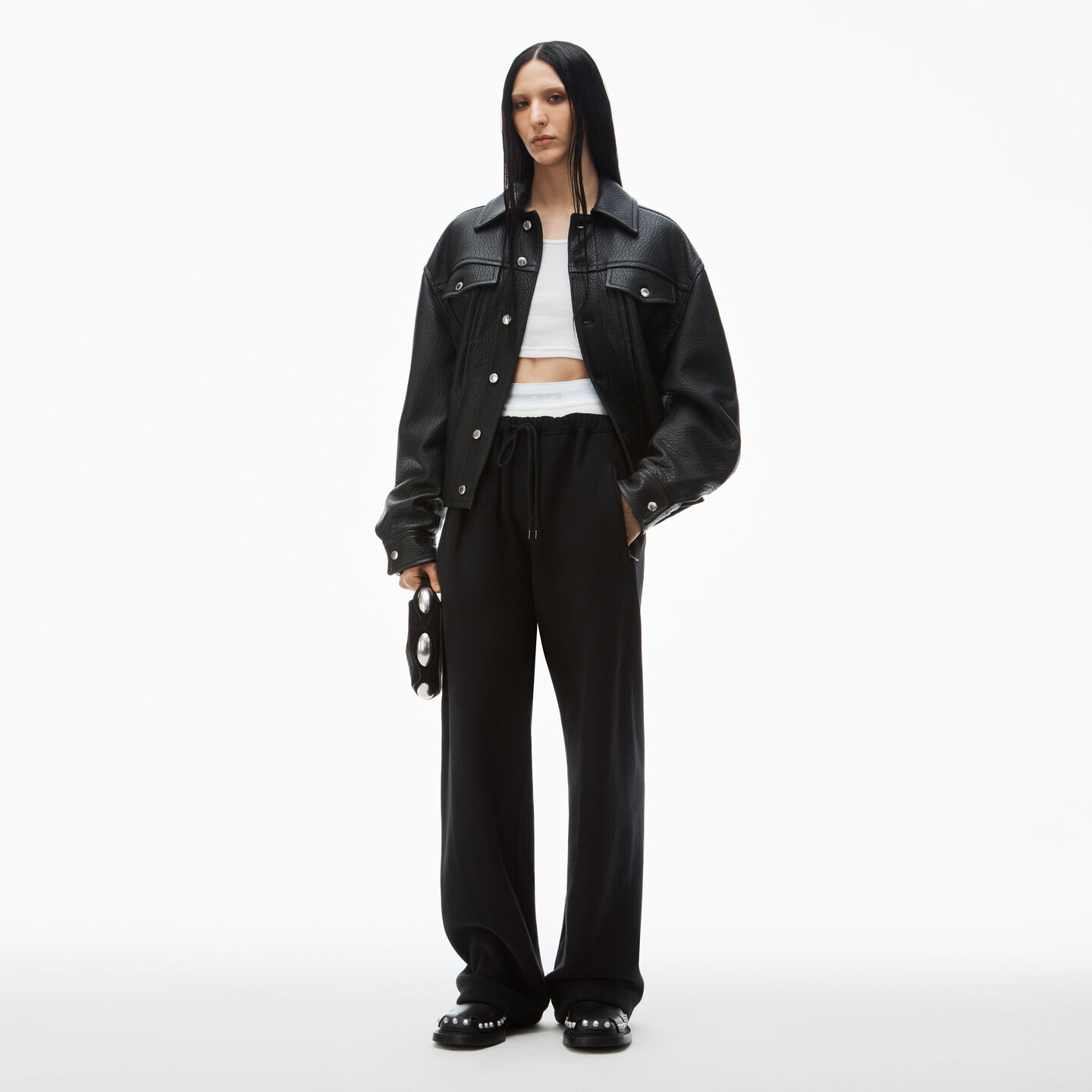 Shop Alexander Wang Wide Leg Sweatpants With Pre-styled Detachable Logo Brief In Faded Black