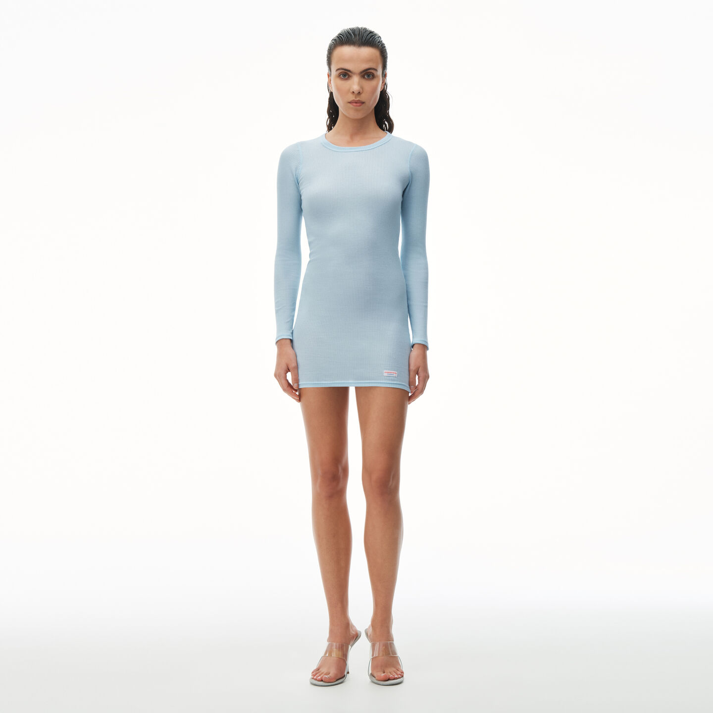 Alexander Wang Long Sleeve Crewneck Dress In Ribbed Cotton In Blue Pearl