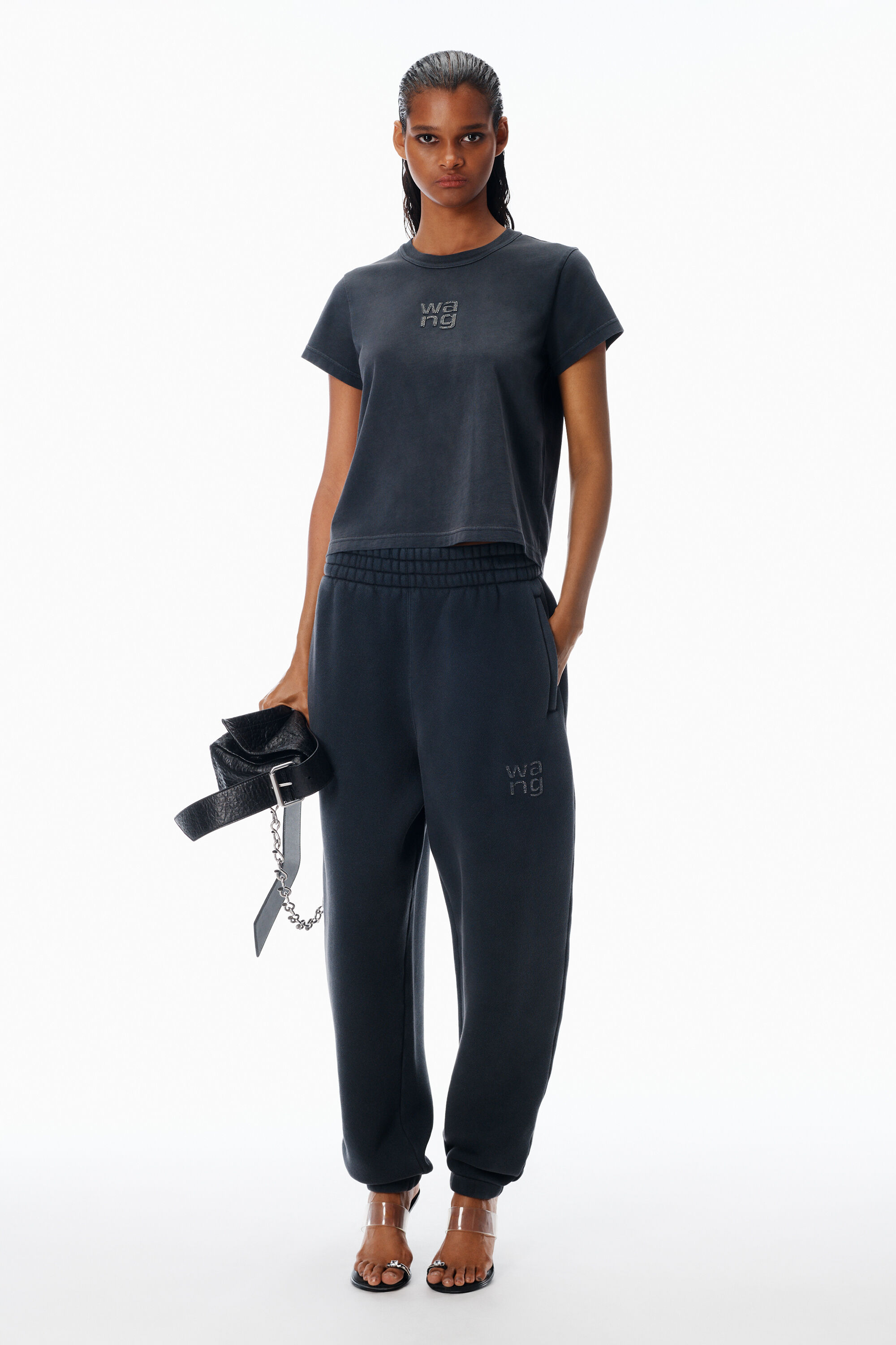 Crystal Hotfix Logo Jersey Shrunken in WASHED BLACK | alexanderwang®