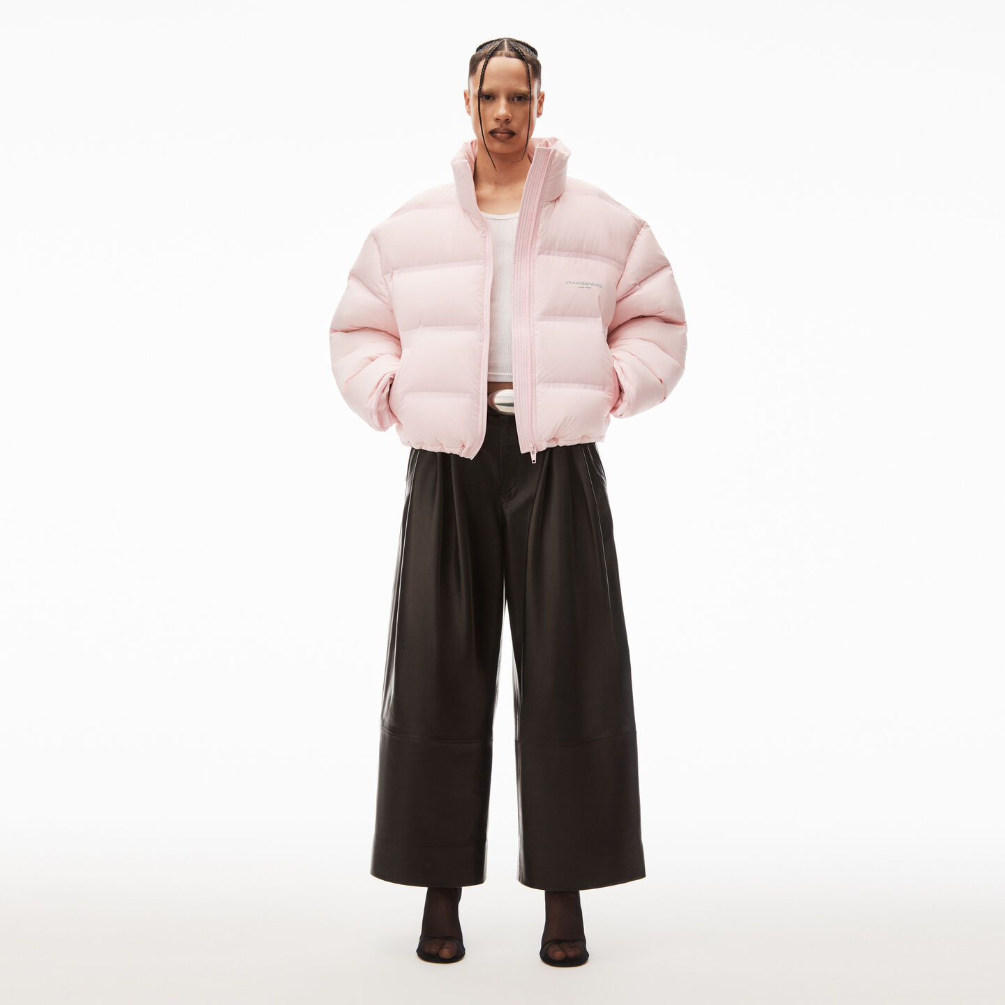 Alexander Wang Cropped Puffer Coat With Reflective Logo In Light Pink